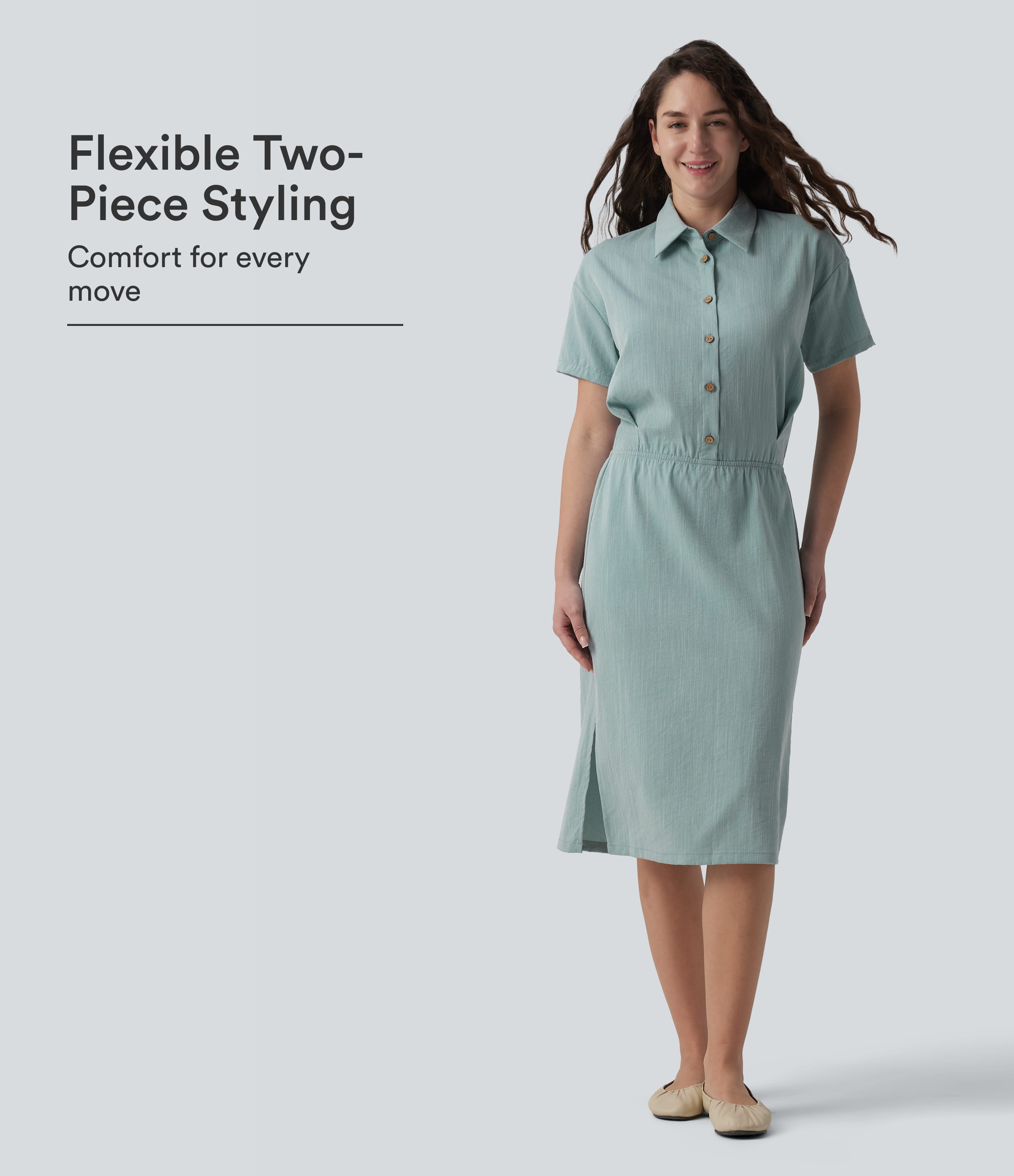 Short Sleeve 2-Piece Midi Work Linen-Feel Shirt Dress