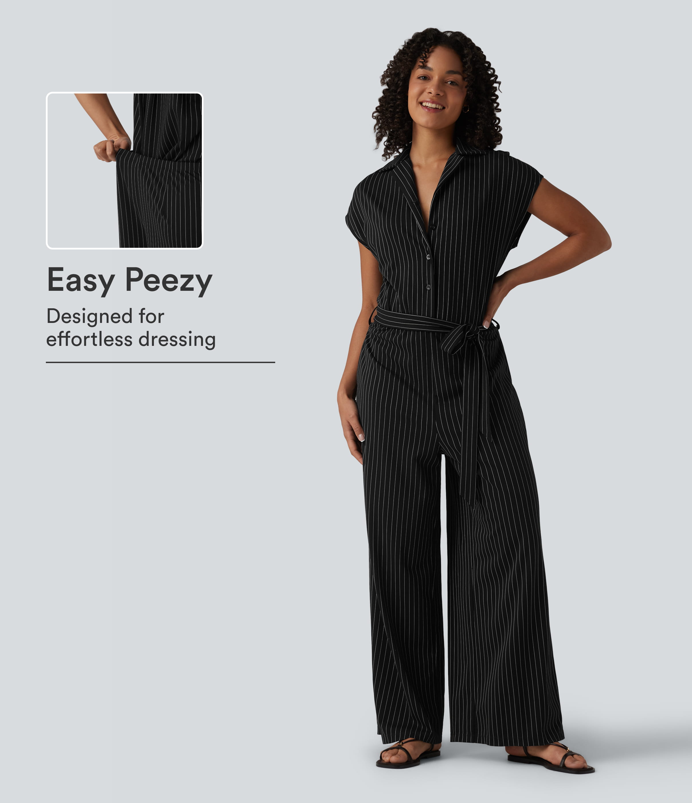 Short Sleeve Belted Stripe Cool Touch Work Shirt Jumpsuit with Pockets-Easy Peezy Edition