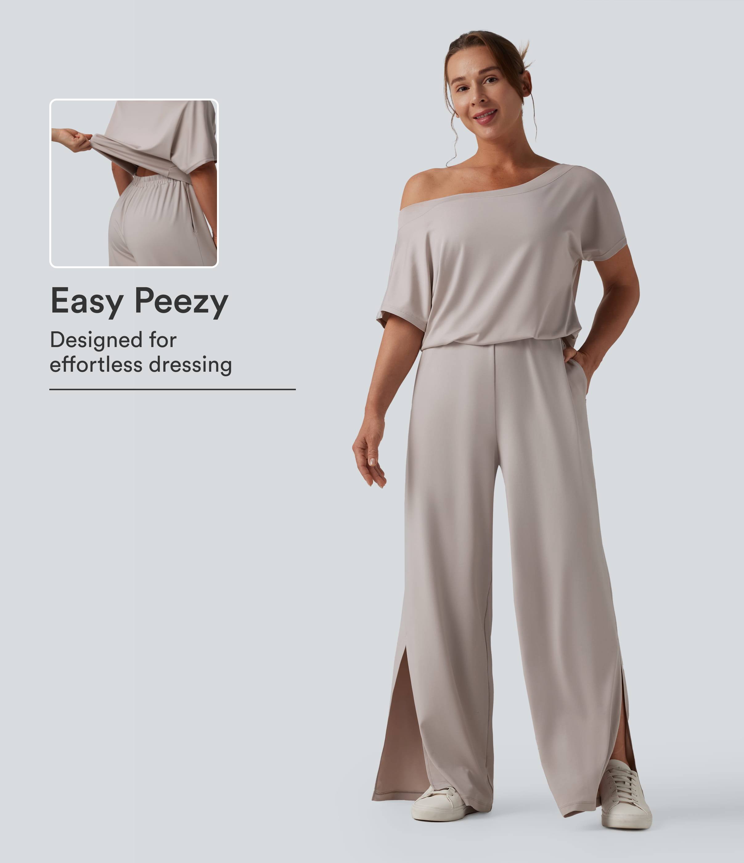 One-shoulder Short Sleeve Split Hem Casual Jumpsuit with Pockets-Easy Peezy