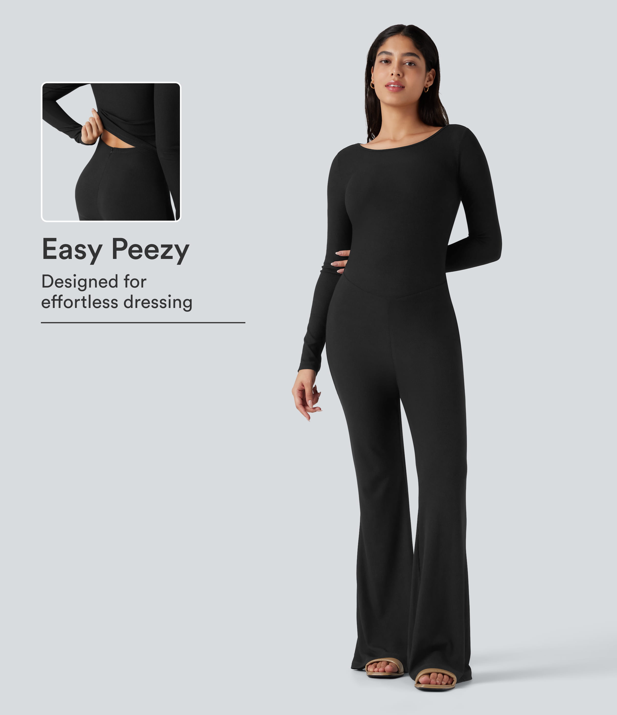 High Stretch Ribbed Knit Boat Neck Long Sleeve Casual Flare Jumpsuit-Easy Peezy