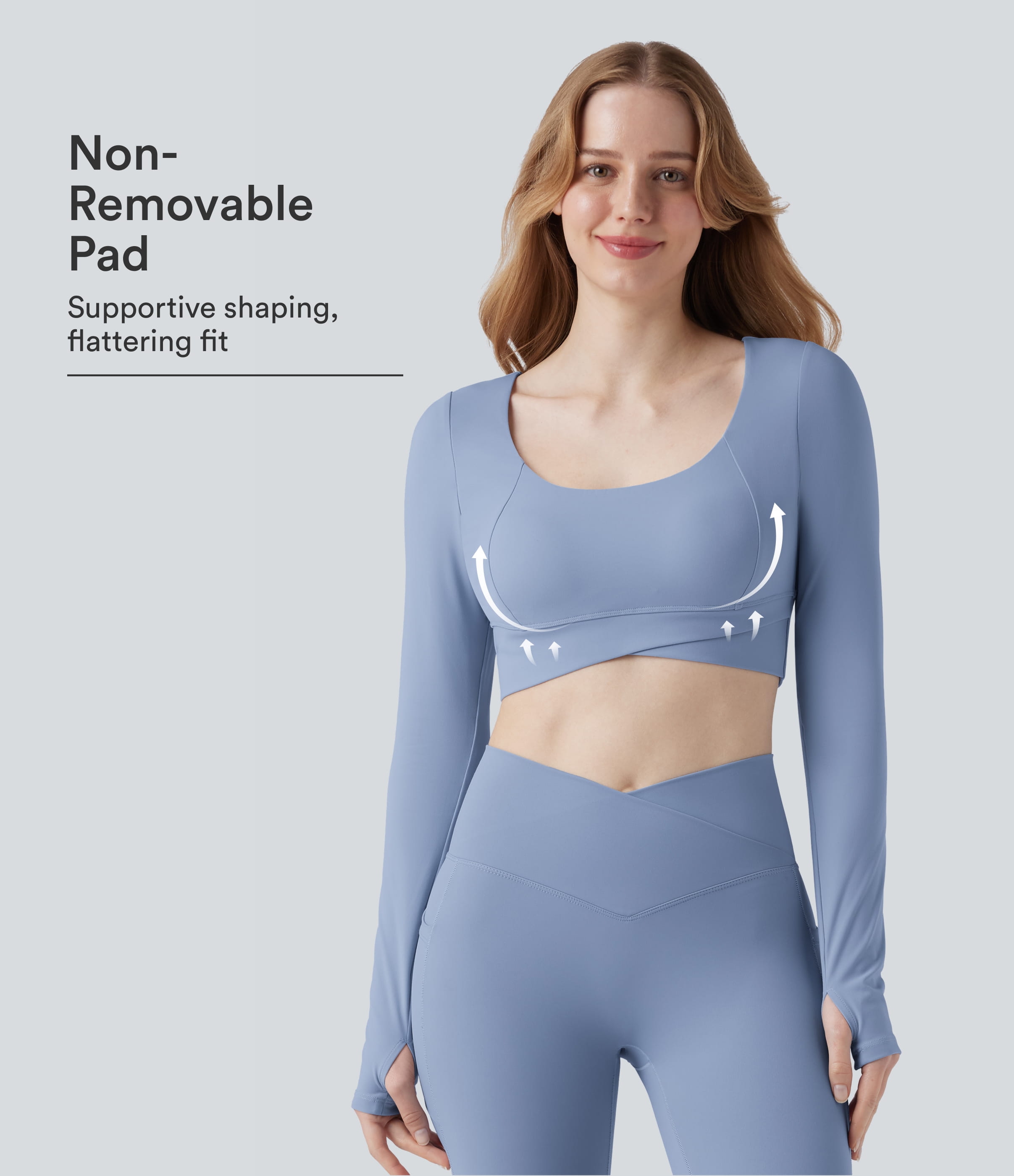 SoftlyZero™ Plush U Neck Push-Up Long Sleeve Thumb Hole Crossover Hem Cropped Yoga Sports Top