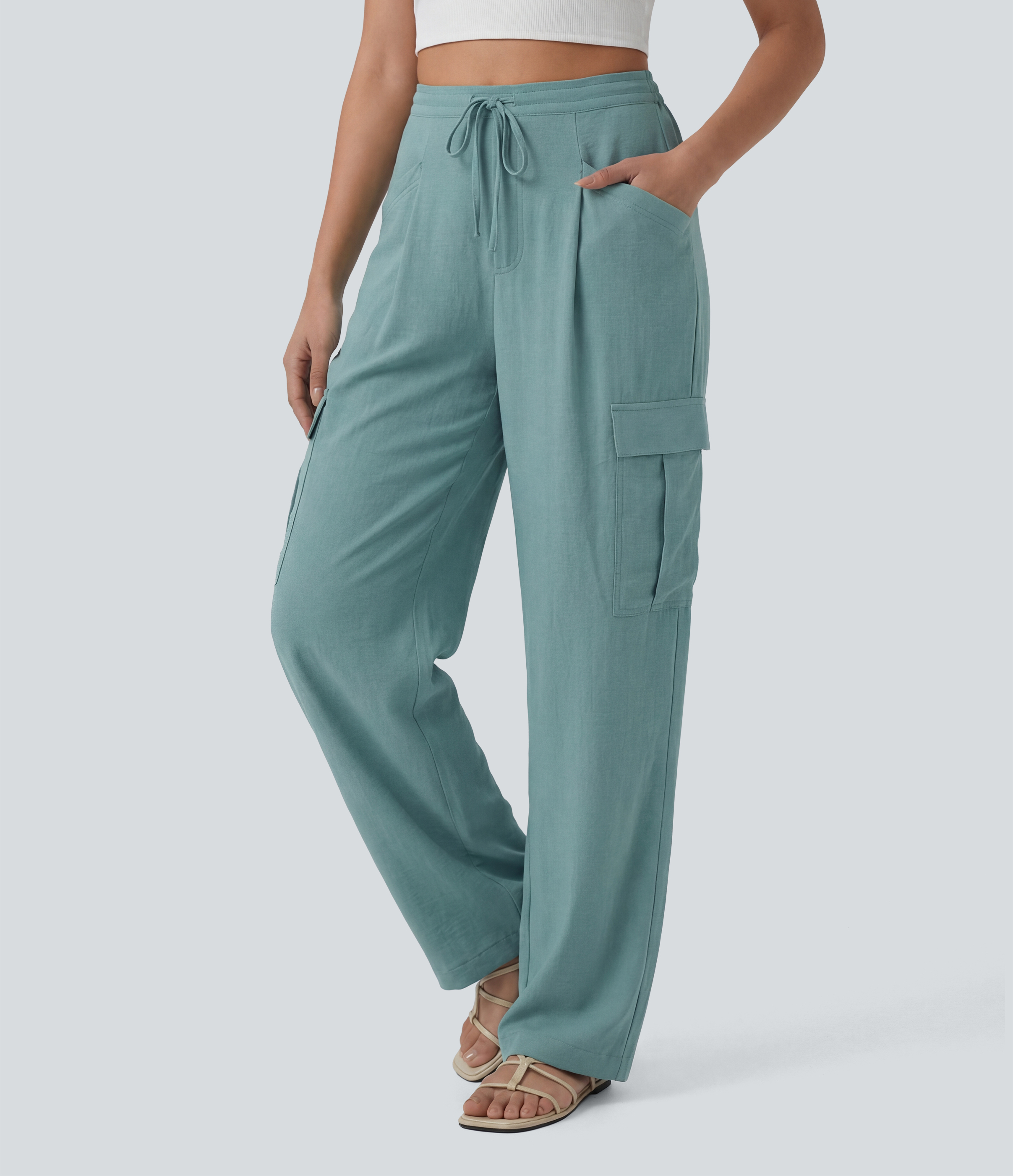 Mid Rise Drawstring Straight Leg Casual Linen-Feel Cargo Pants with Pockets