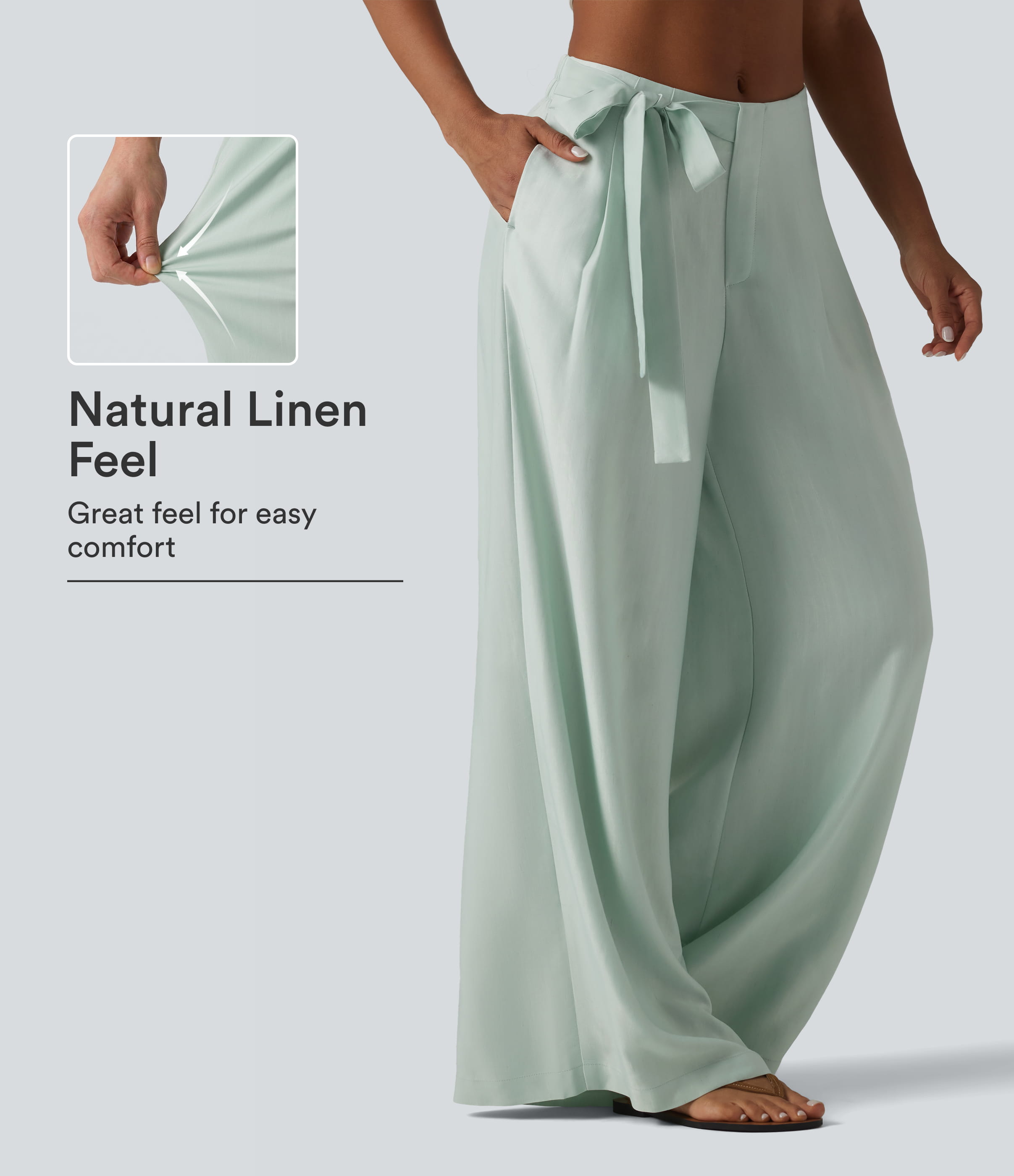 High Waisted Tie Side Baggy Linen-Blend Pants with Pockets