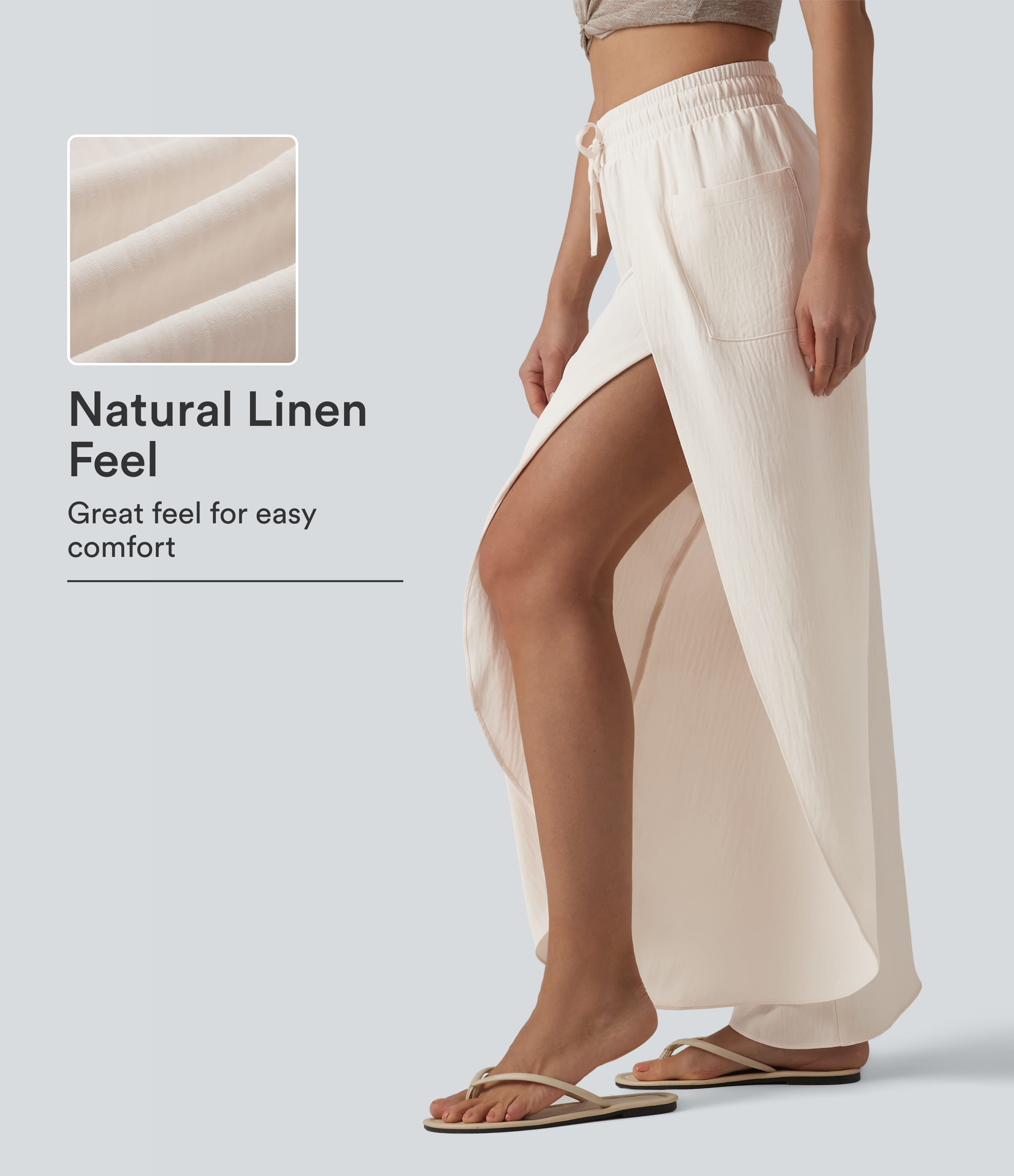 Hüfthohe Baggy-Hose mit Kordelzug, Seitenschlitz, Leinenoptik und Taschen