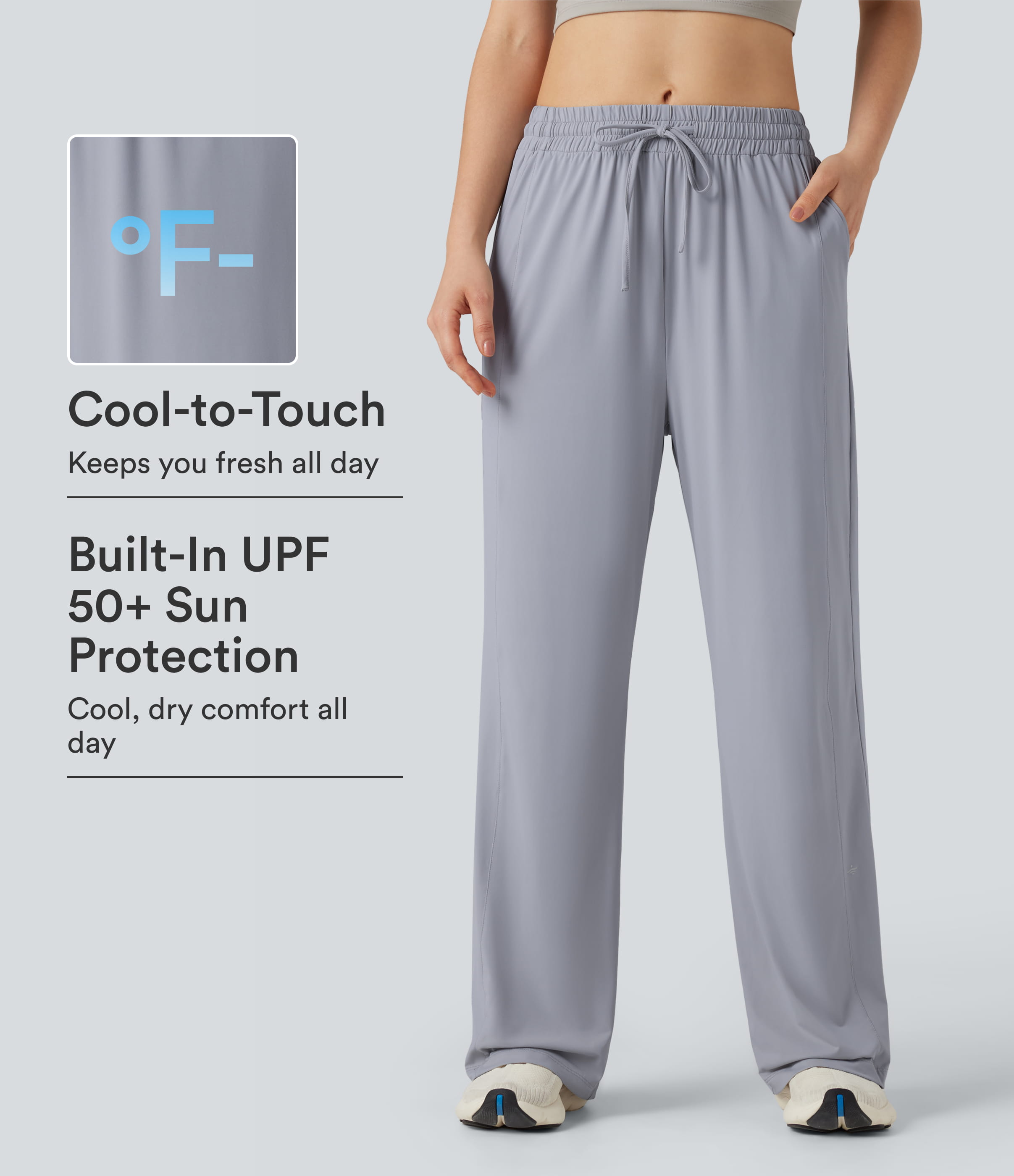 Mid Rise Drawstring Cool Touch Hiking Baggy Pants with Pockets-UPF50+