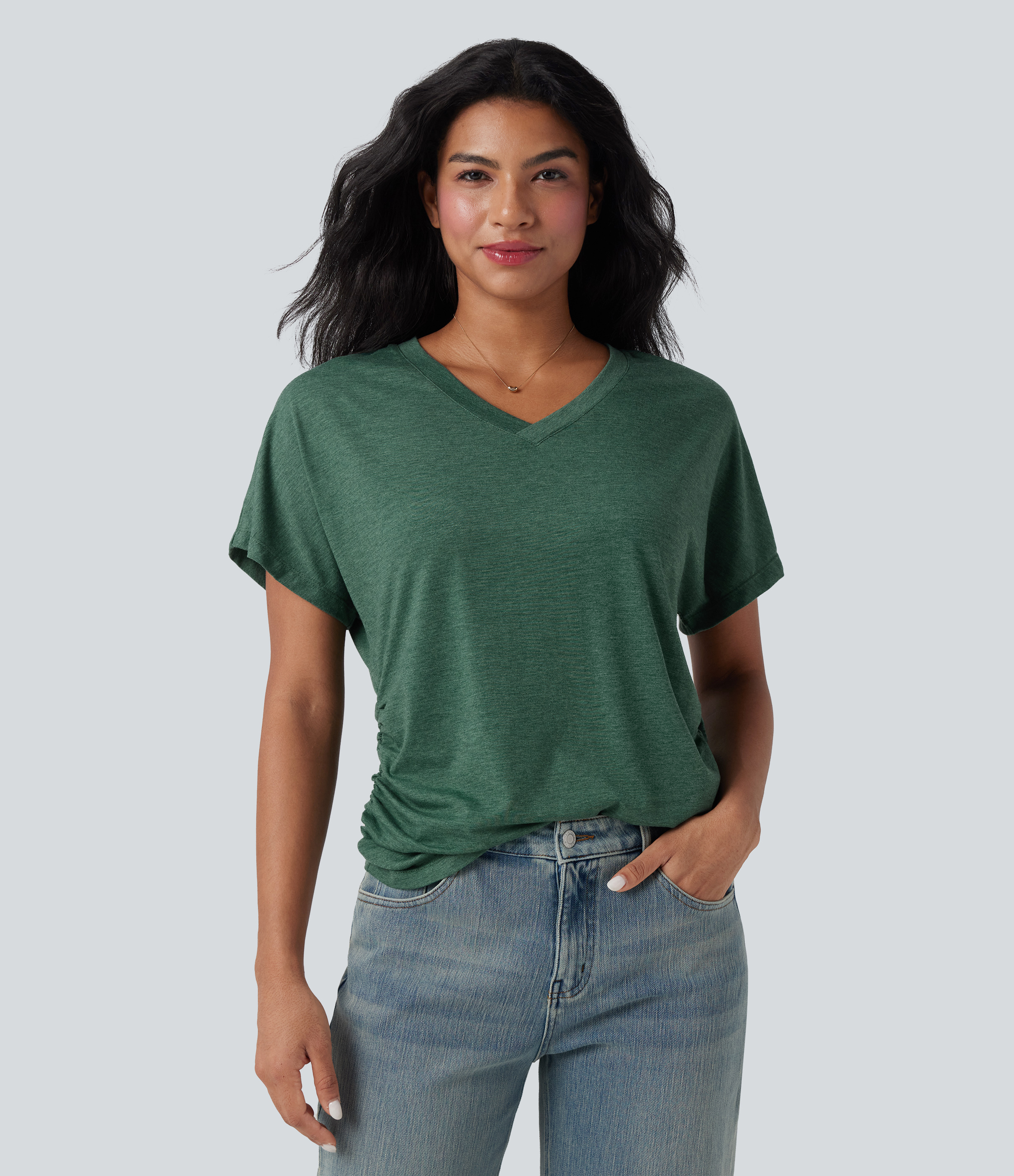 V-neck Short Sleeve Ruched Relaxed Casual Top