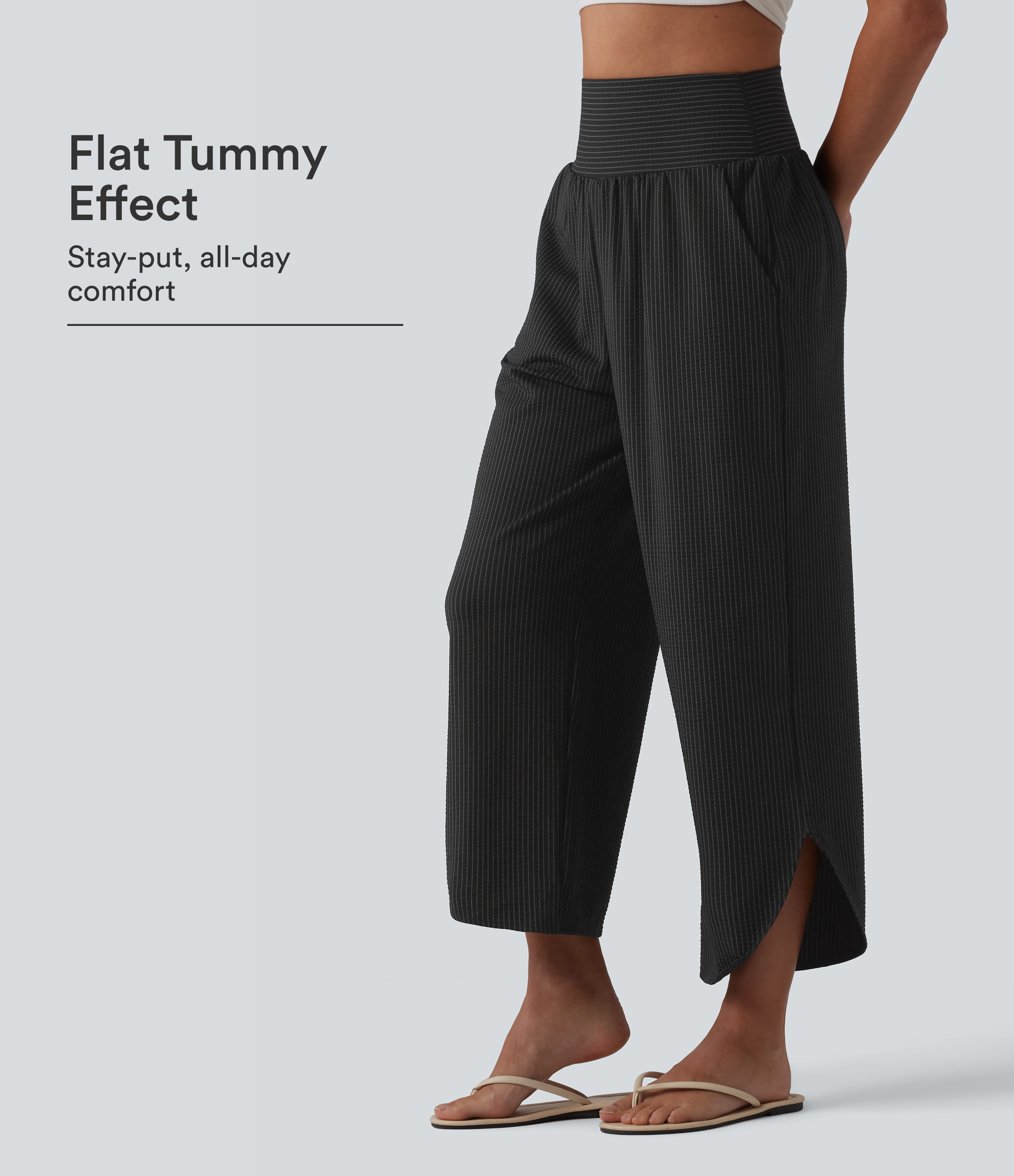 High Waisted Tummy Control Stripe Quick Dry Casual Pants with Pockets-UPF40+