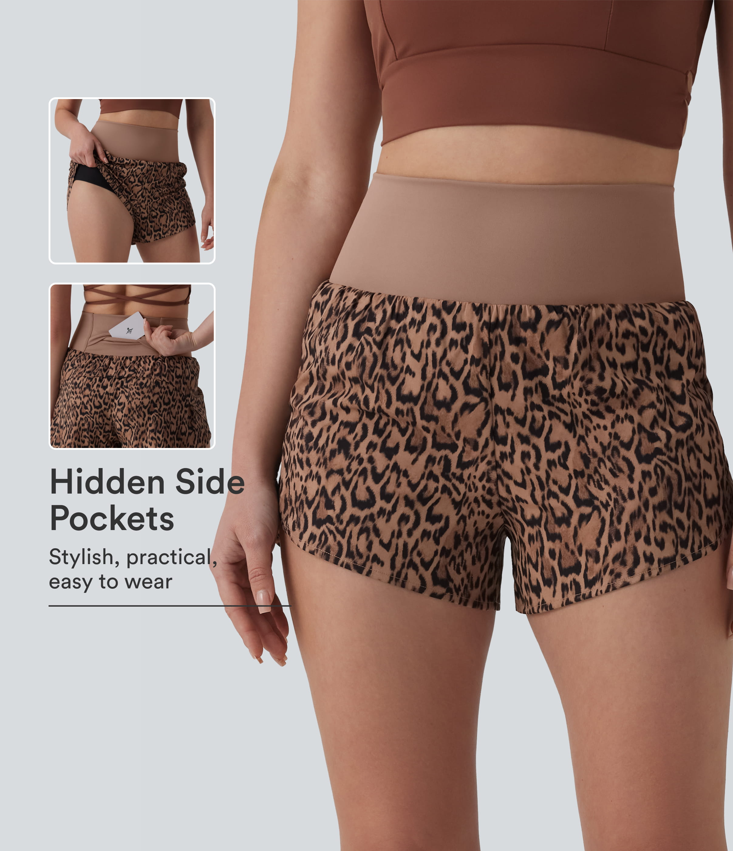 High Waisted 2-in-1 Leopard Print Running Shorts 3'' with Pocket