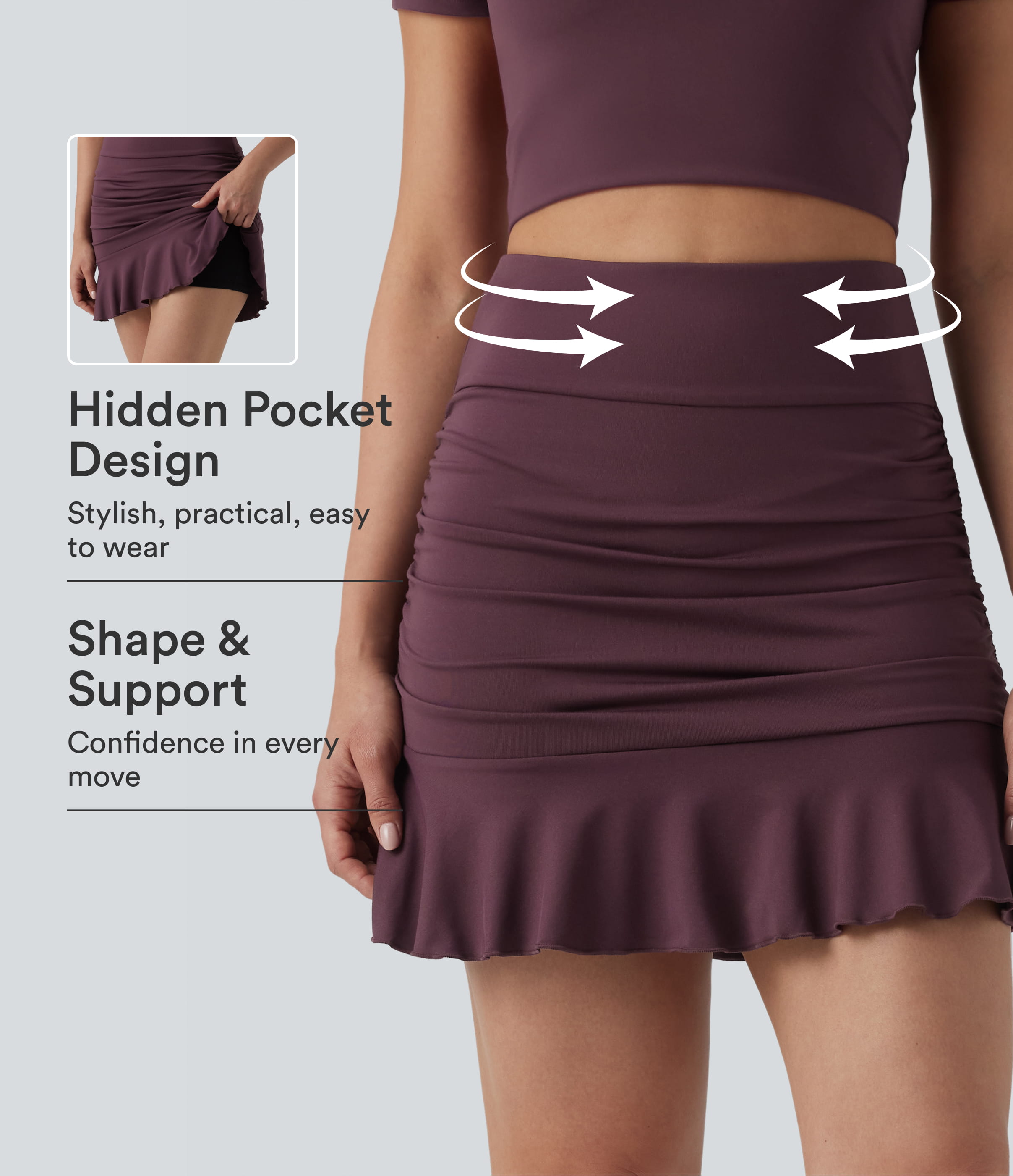 High Waisted Tummy Control 2-in-1 Ruched Ruffle Hem Bodycon Mini Casual Skirt