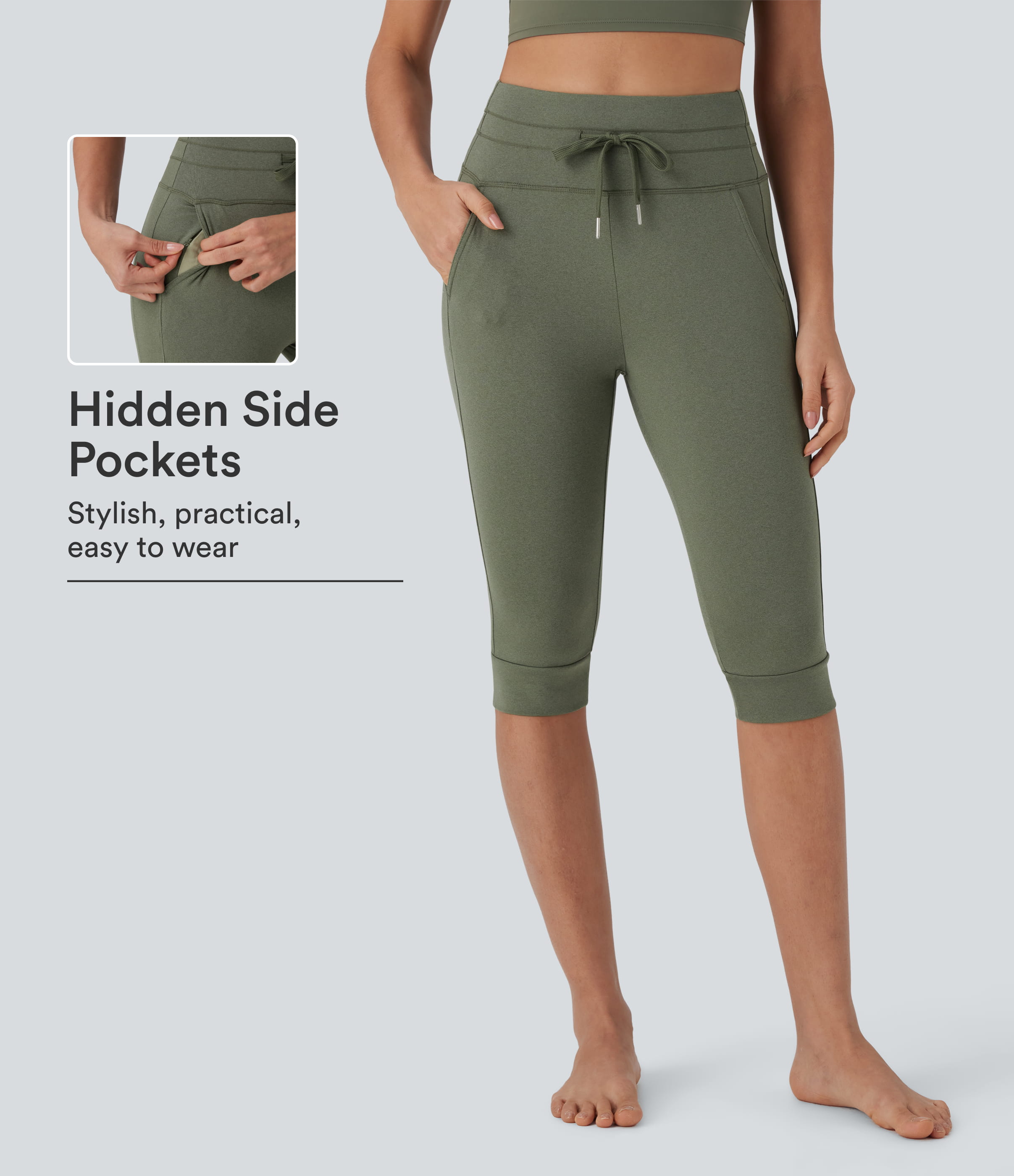 Rifle Green Heather High Waisted Drawstring Pedal Pusher Quick Dry Yoga Joggers with Pockets / 1