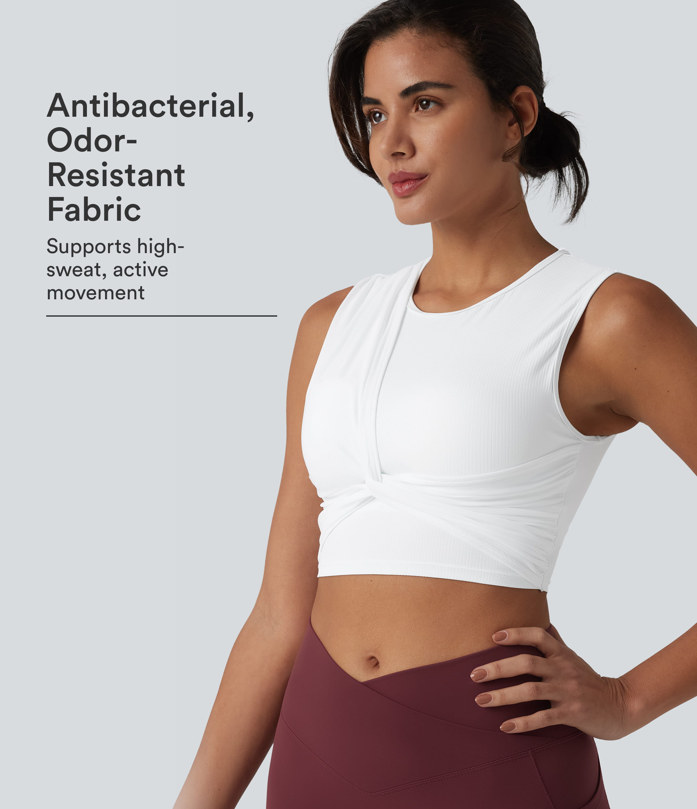 Ribbed Knit Twisted Mesh Overlay Built-in Bra Cool Touch Anti-odor Yoga Cropped Tank Top-UPF40+