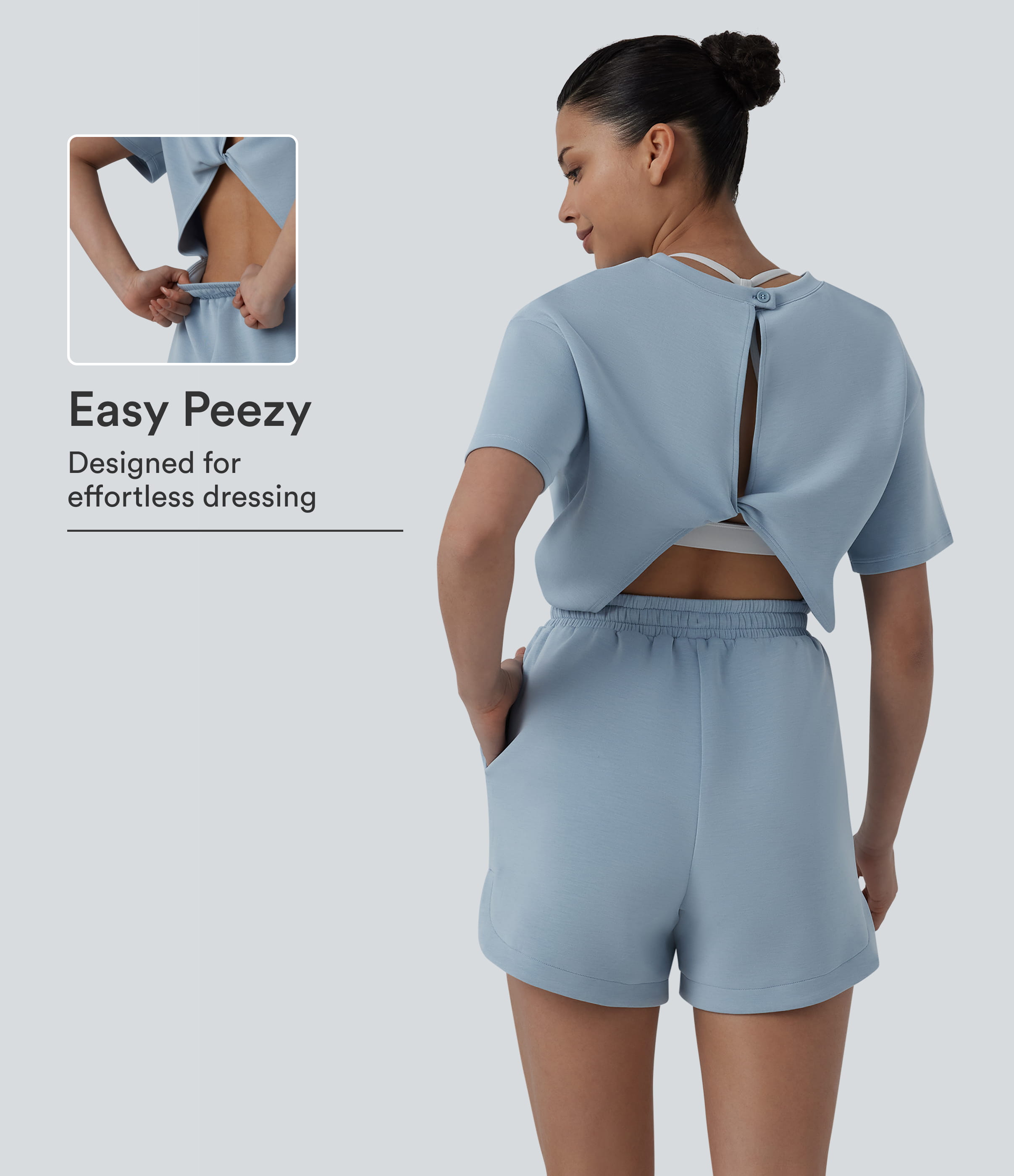 SpacerTek™ Round Neck Short Sleeve Twist Back Drawstring Curved Hem Casual Romper with Pockets-Easy Peezy