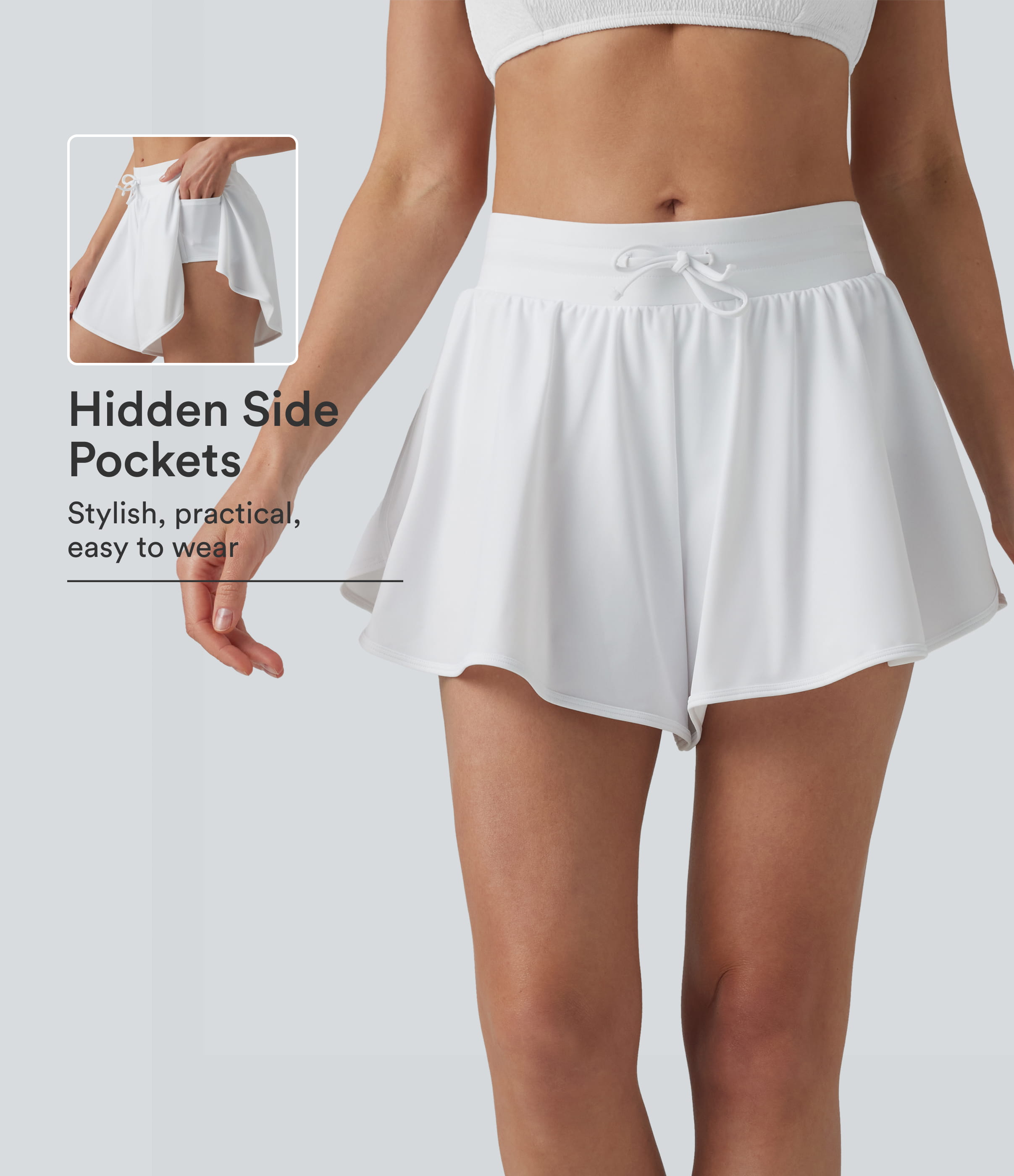 Mid Rise Drawstring Split Curved Hem 2-in-1 Bikini Shorts with Pockets