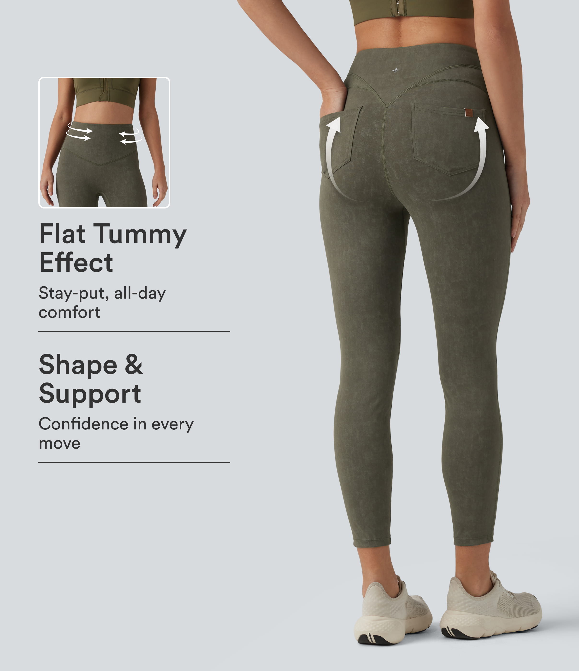 High Waisted Tummy Control Washed Workout Leggings with Pockets