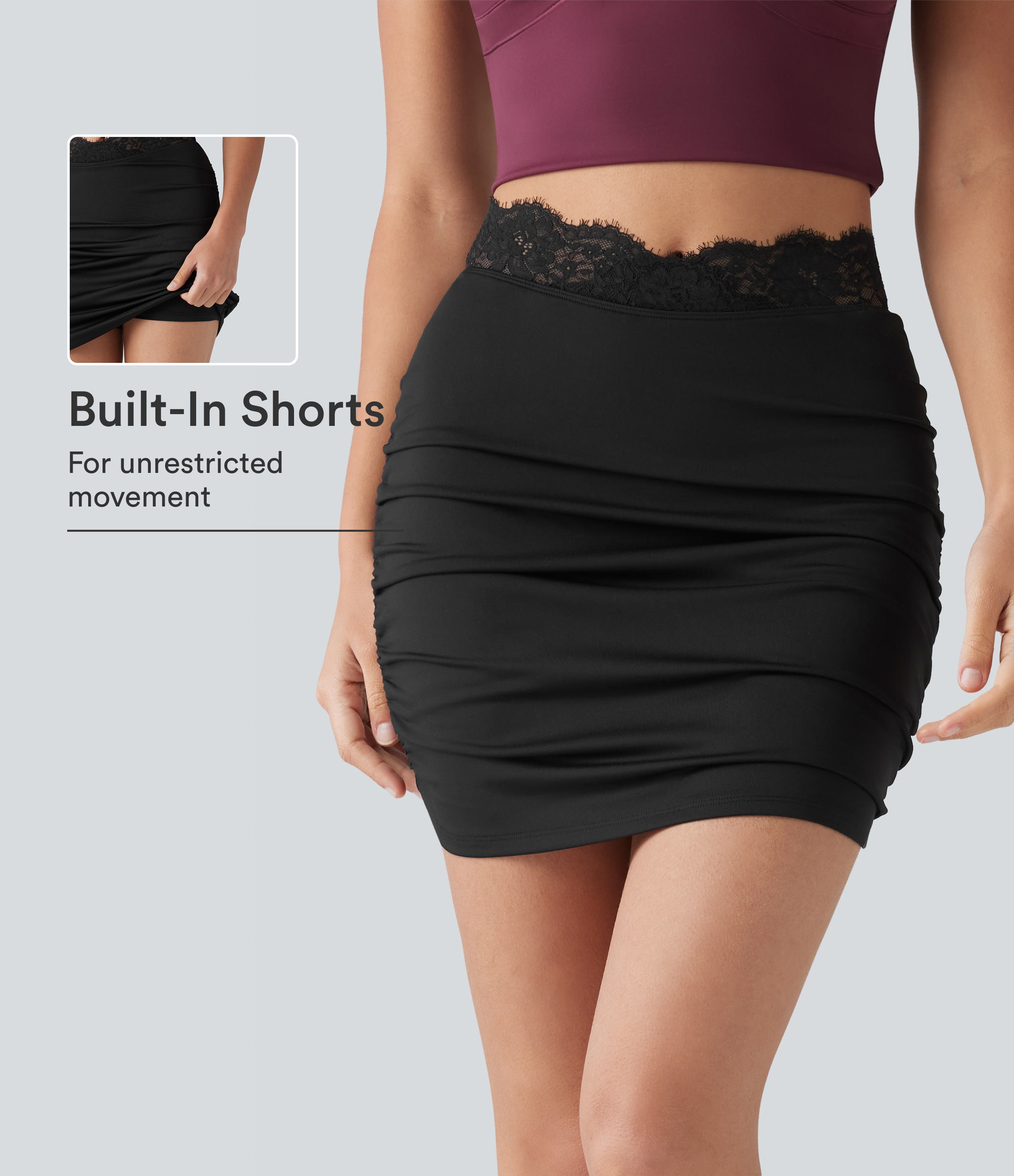 High Waisted Contrast Lace Ruched Curved Hem 2-in-1 Mini Bodycon Party Skirt