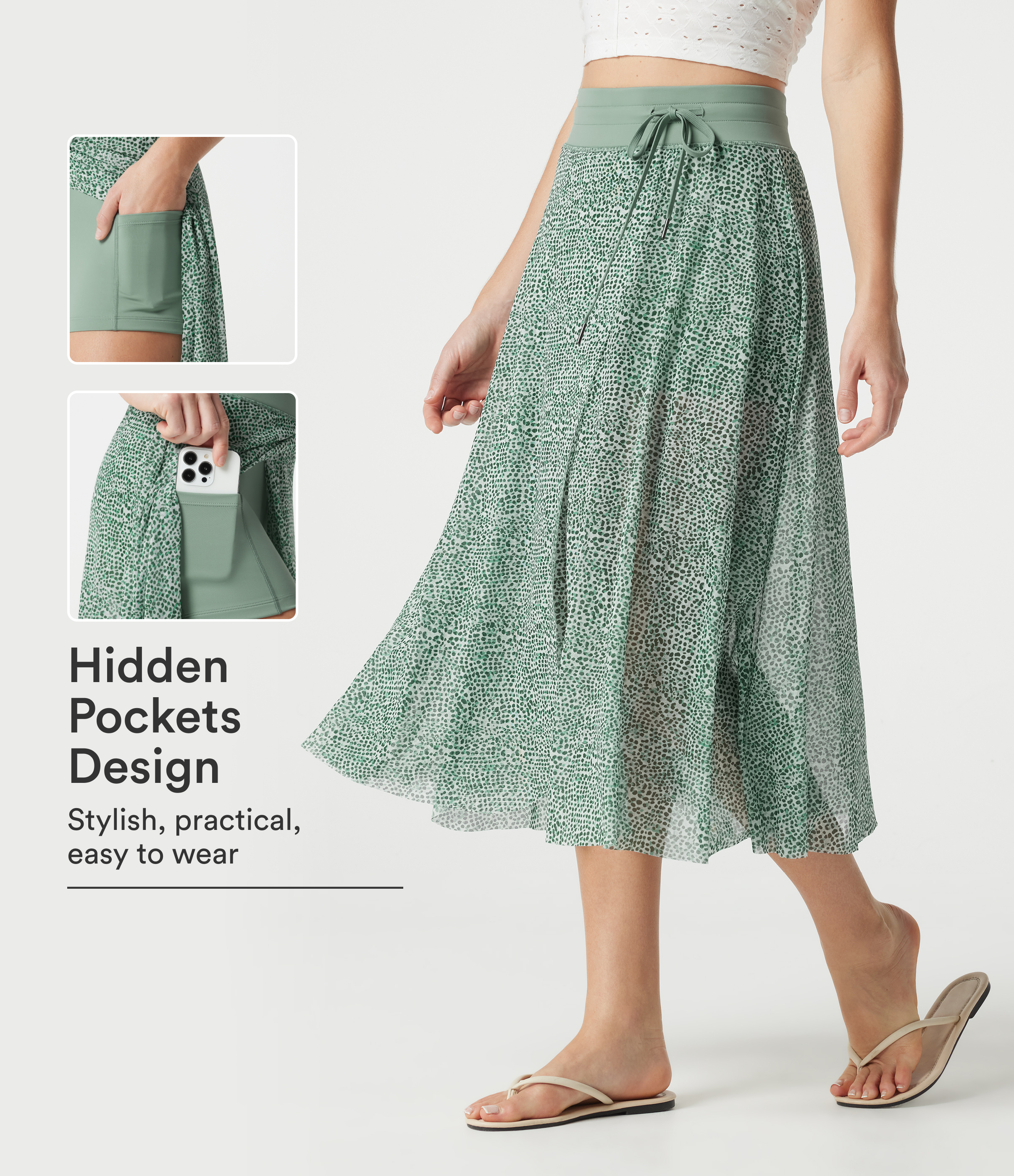 High Waisted Drawstring Leopard Print Contrast Mesh 2-in-1 Flowy Midi Flare Resort Skirt with Pockets