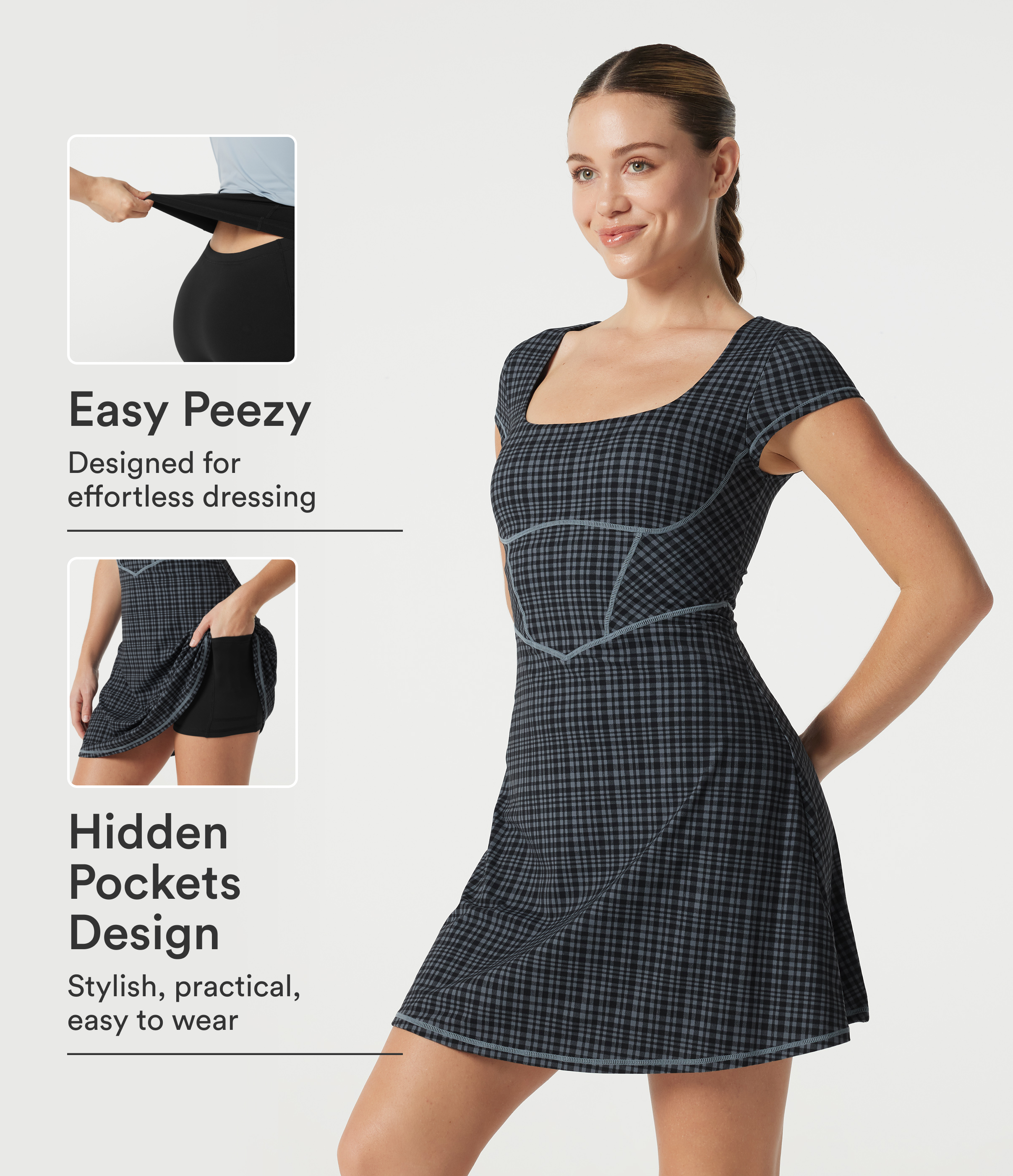 Halara UltraSculpt™ Check Plaid Print  Square Neck Corset 2-in-1 Built-in Bra Mini Casual Dress with Pockets-Easy Peezy