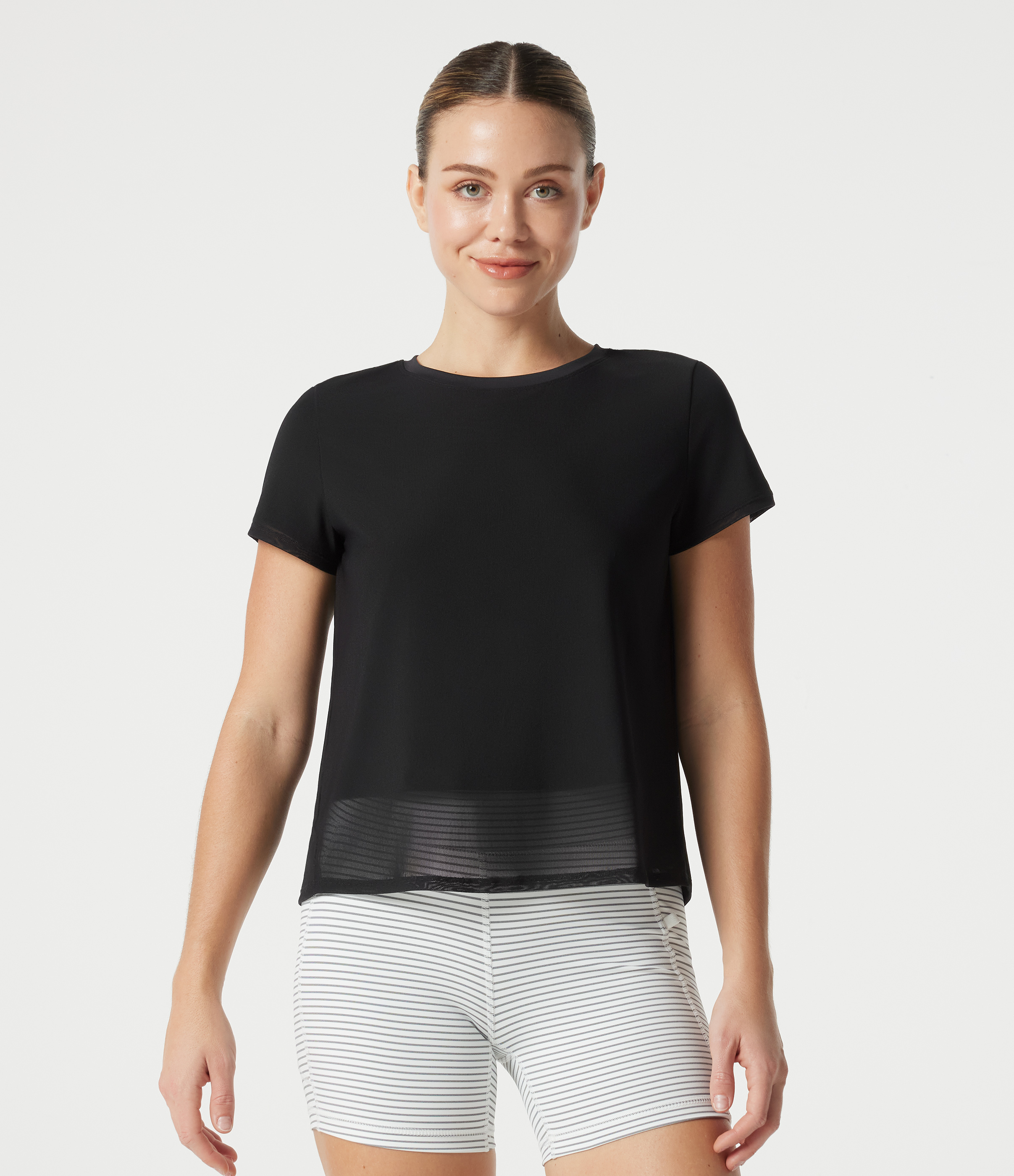 Black SoftlyZero™ Airy Round Neck Mesh Overlay InstantCool Running Sports Top / 2