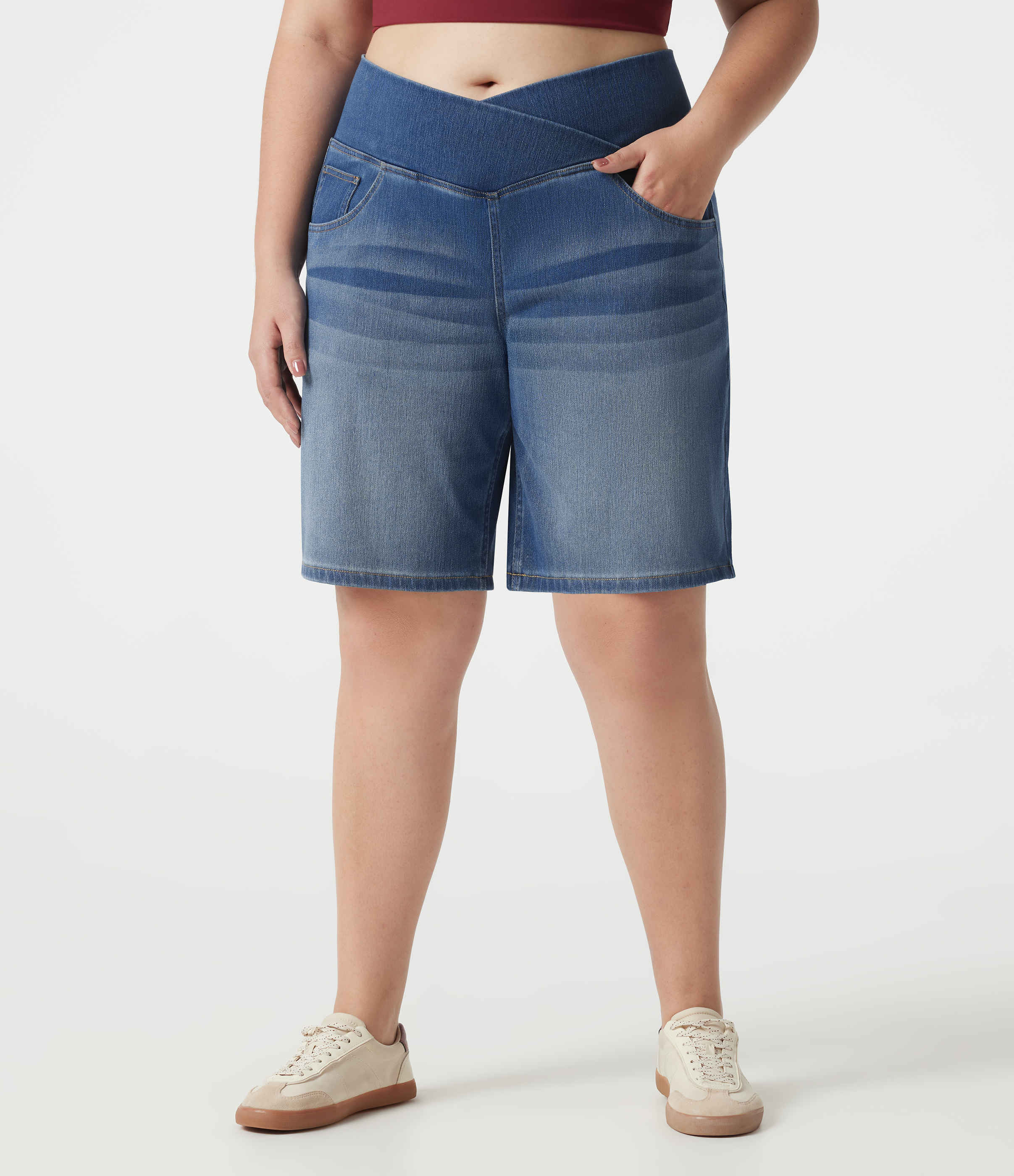 Halara Flex™ Denim Plus Size High Waisted Crossover Tummy Control Casual Baggy Shorts with Pockets