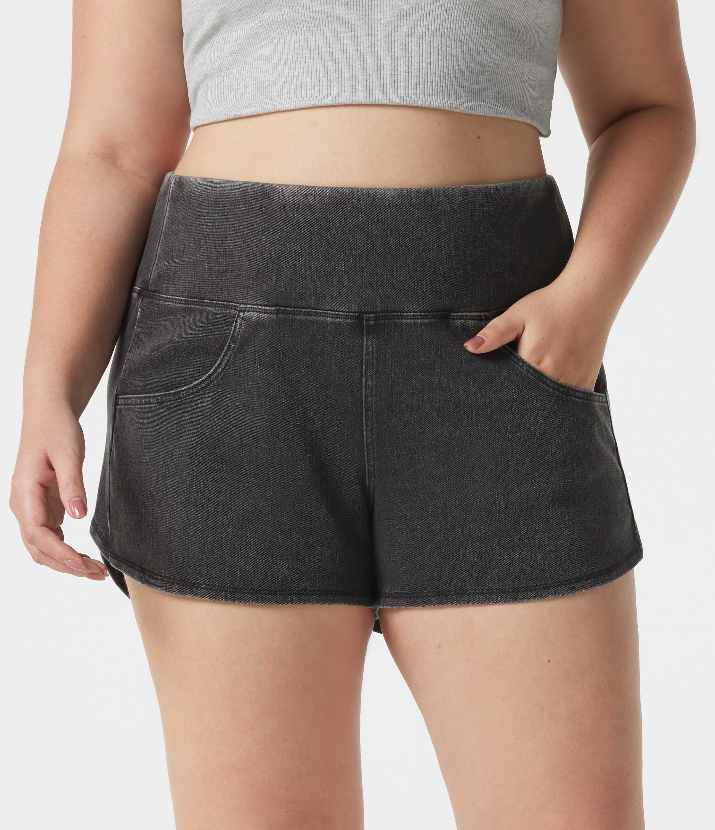 Poppy Seed Denim Short en jean Halara Flex™ skinny décontracté grande taille ventre plat, taille haute, ourlet arrondi, à poches / 2