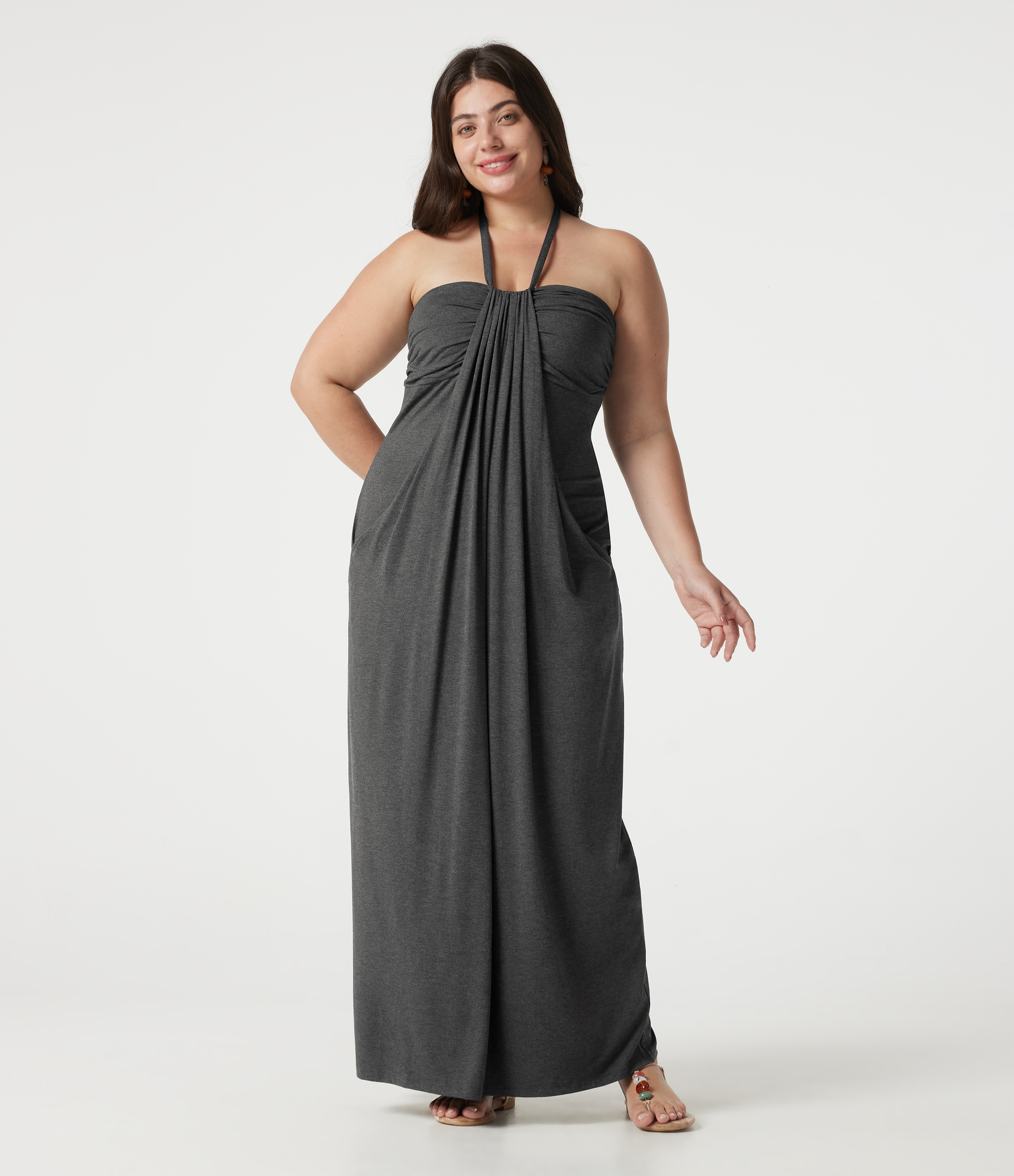 Plus Size Halter Tie Back Built-in Bra Maxi Dress with Pockets