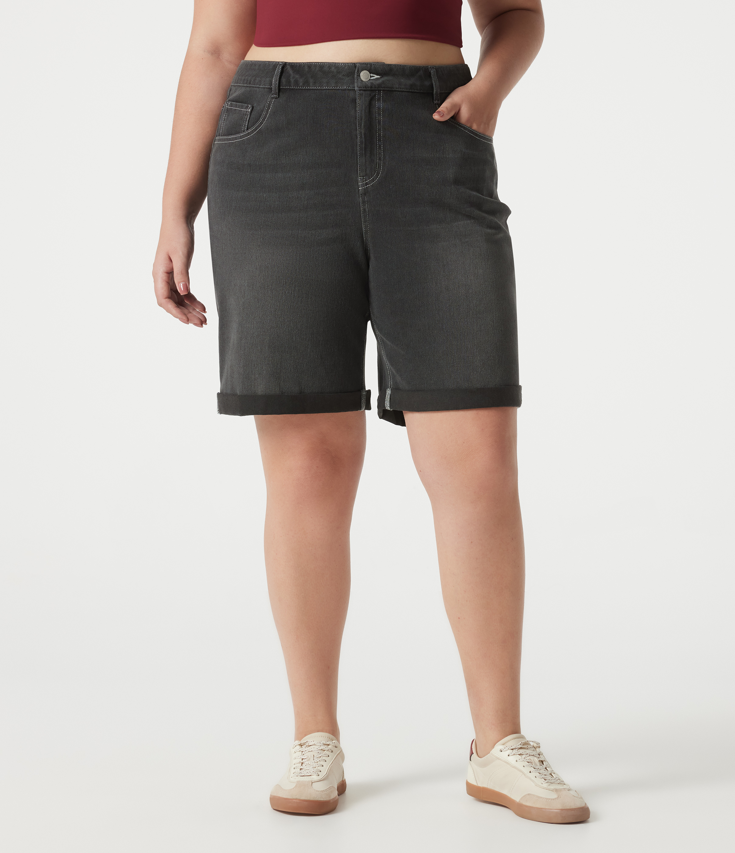 Bermudas Halara Flex™ Denim tiro alto múltiple bolsillo dobladillo enrollado vaquero elástico lavado talla grande