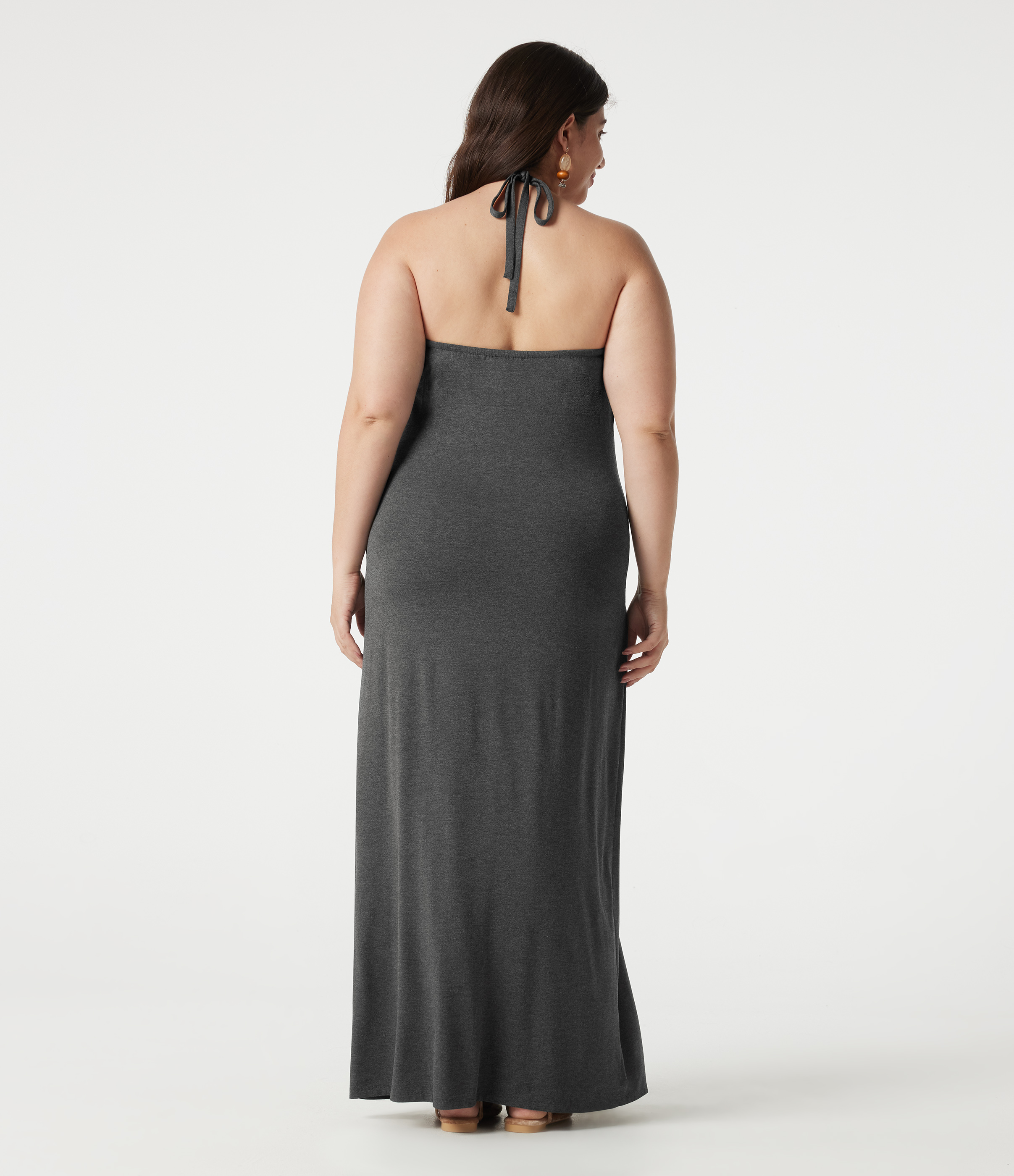 Darl Gray Floral Yarn Plus Size Halter Tie Back Built-in Bra Maxi Dress with Pockets / 2