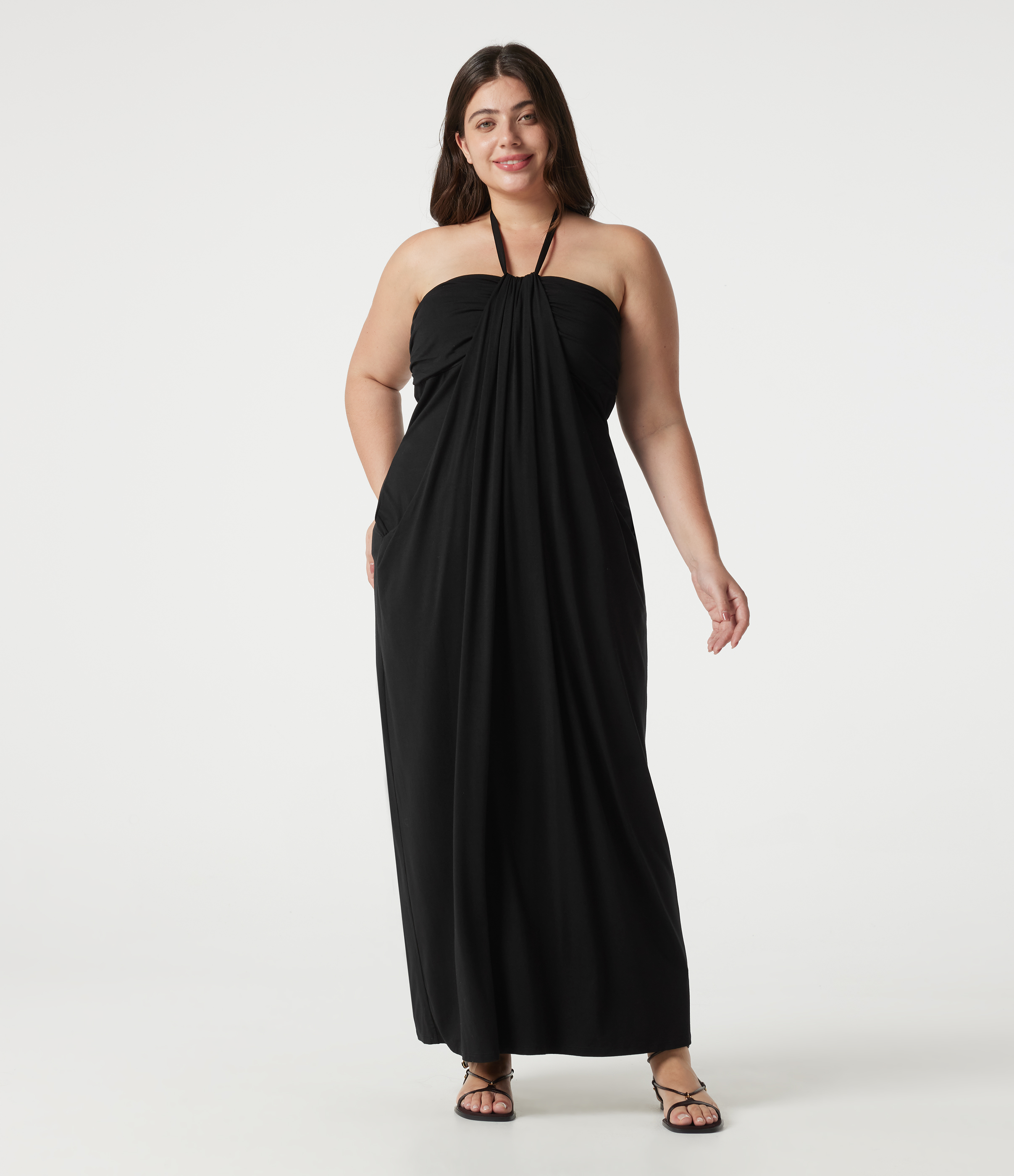 Plus Size Halter Tie Back Built-in Bra Maxi Dress with Pockets