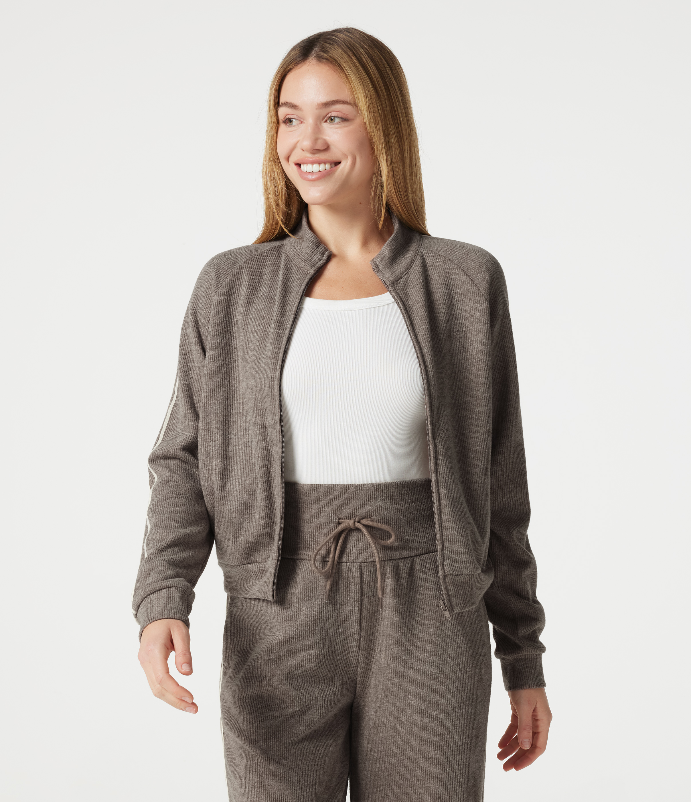 Ribbed Stand Collar Zipper Long Sleeve Color Block Casual Jacket with Pockets