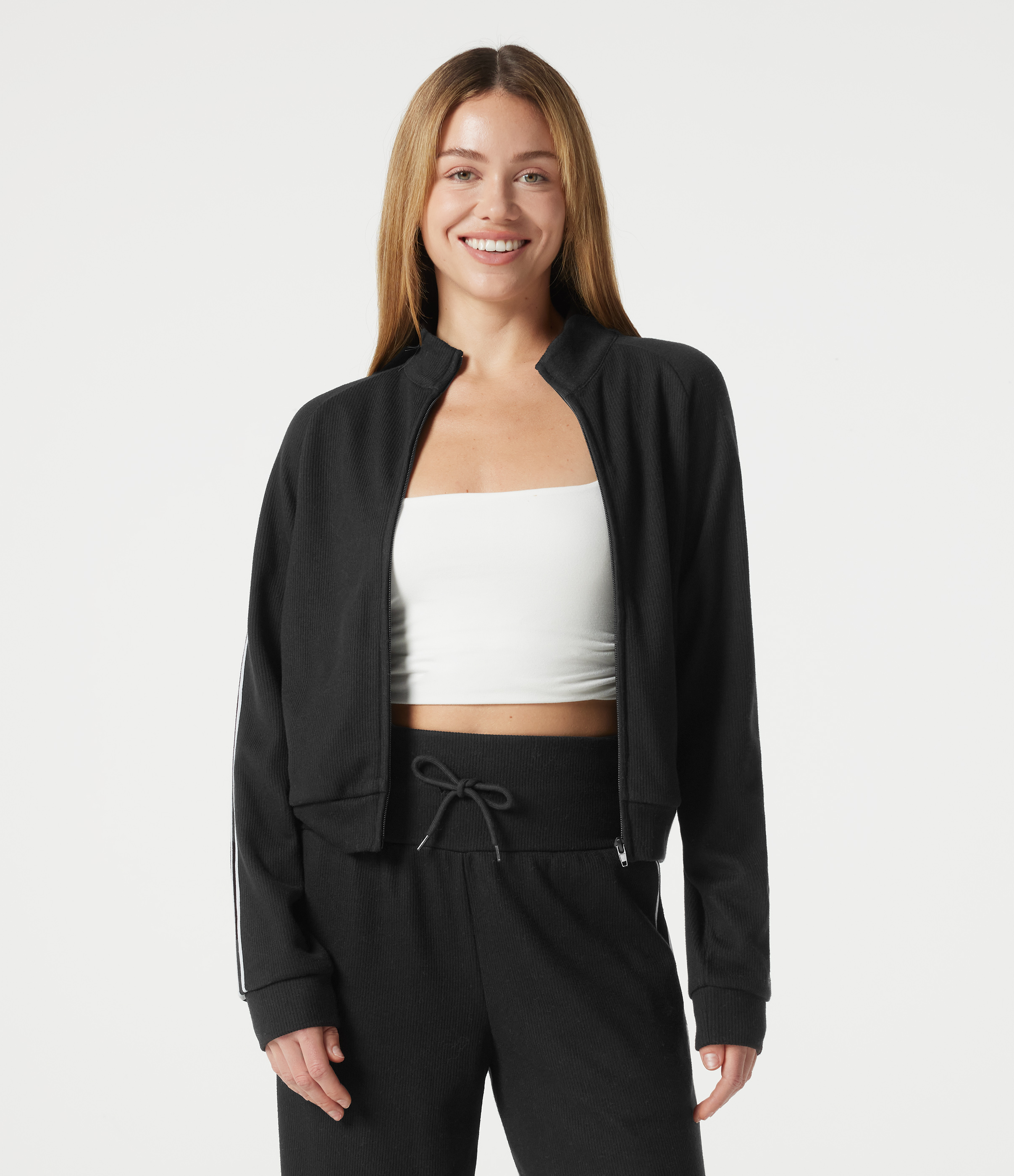Ribbed Stand Collar Zipper Long Sleeve Color Block Casual Jacket with Pockets