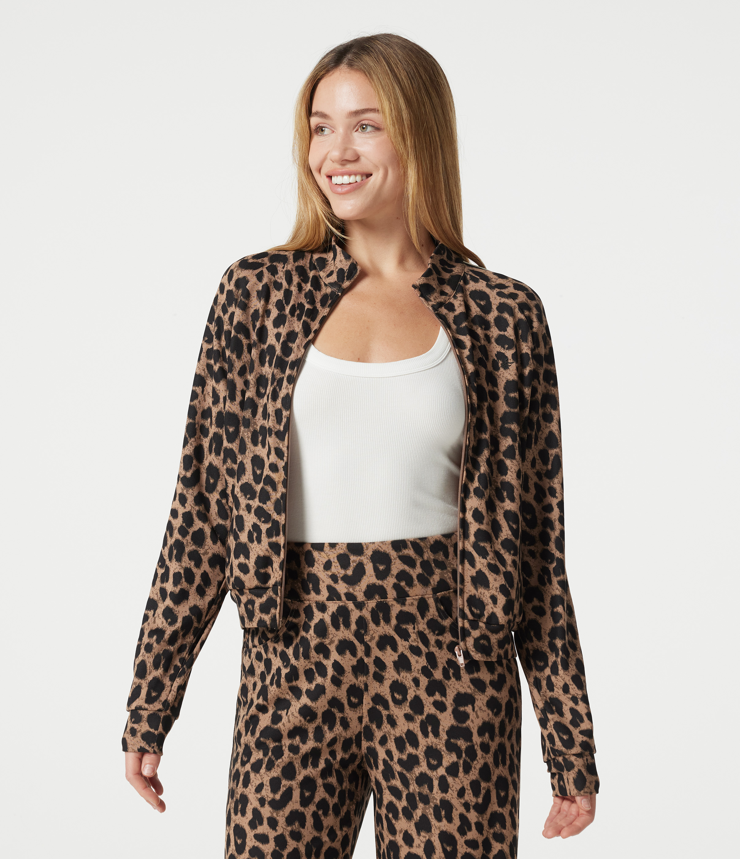 Stand Collar Zipper Long Sleeve Color Block Leopard Print Waffle Casual Jacket with Pockets
