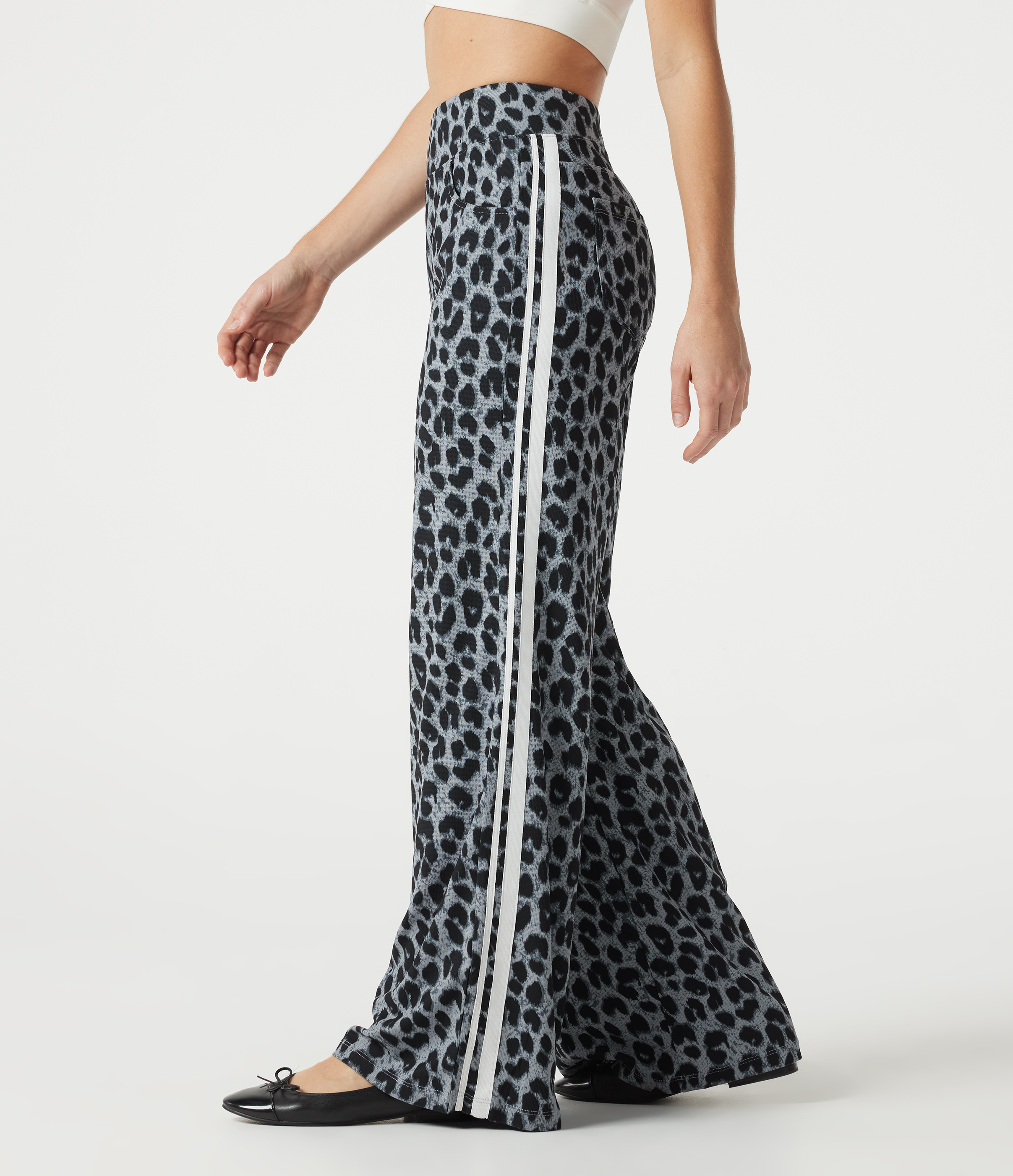 High Waisted Baggy Color Block Leopard Print Waffle Casual Pants with Pockets