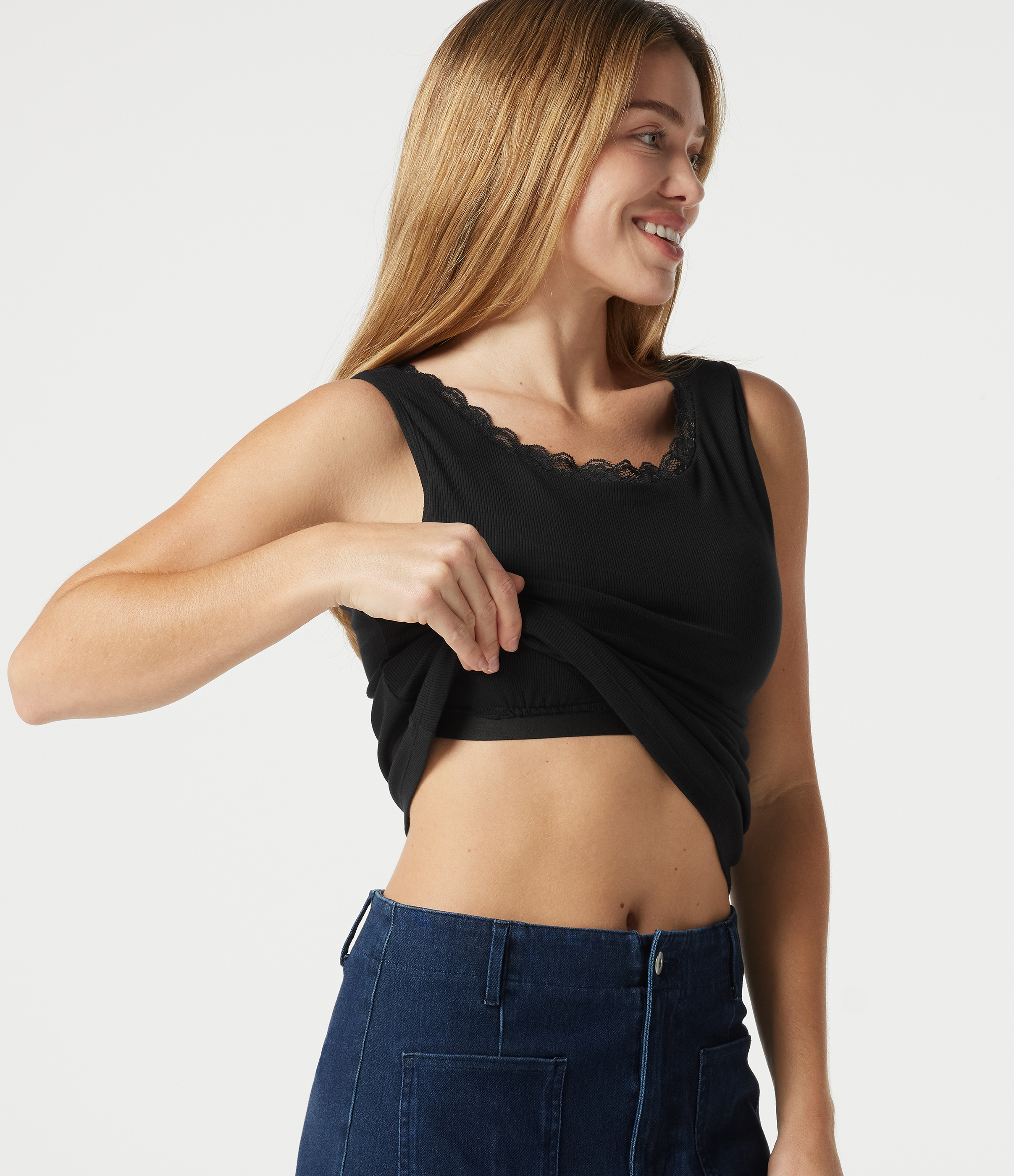 Ribbed Knit Scoop Neck U-back Contrast Lace Built-in Bra Casual Tank Top