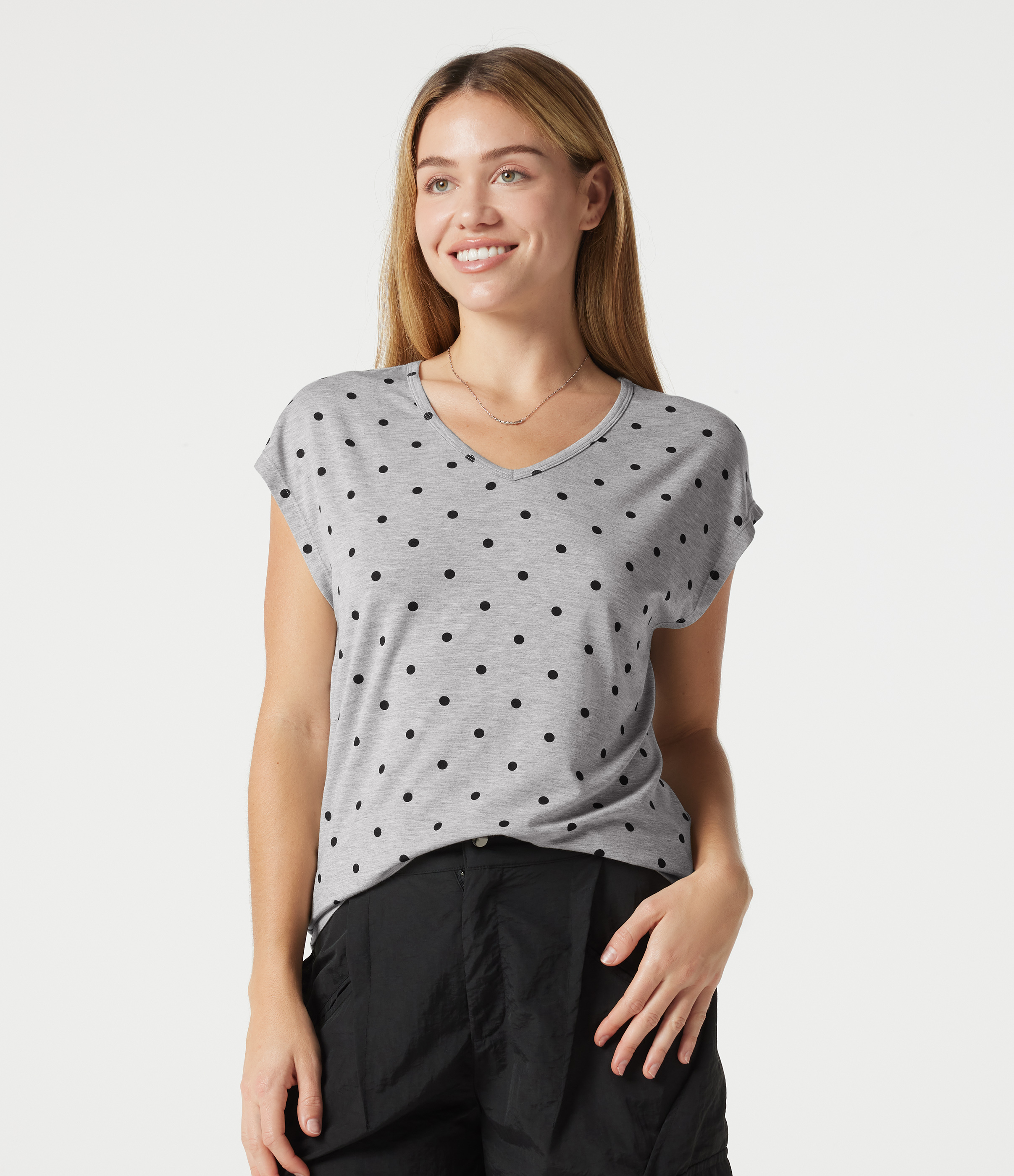 V Neck Short Sleeve Polka Dot Casual T-Shirt