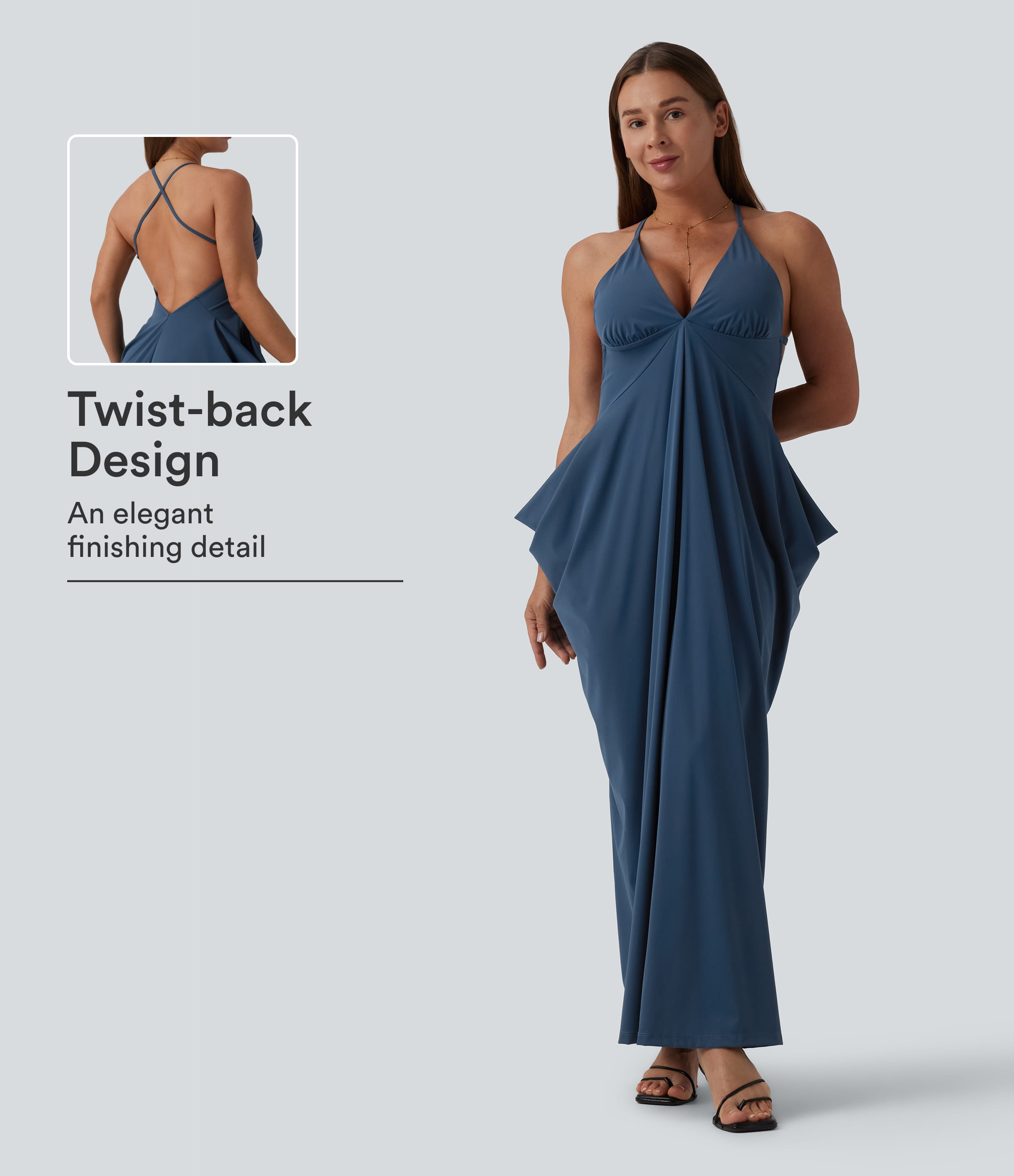 Crisscross Backless Deep V-neck Stacked Ruched Maxi Party Slip Dress