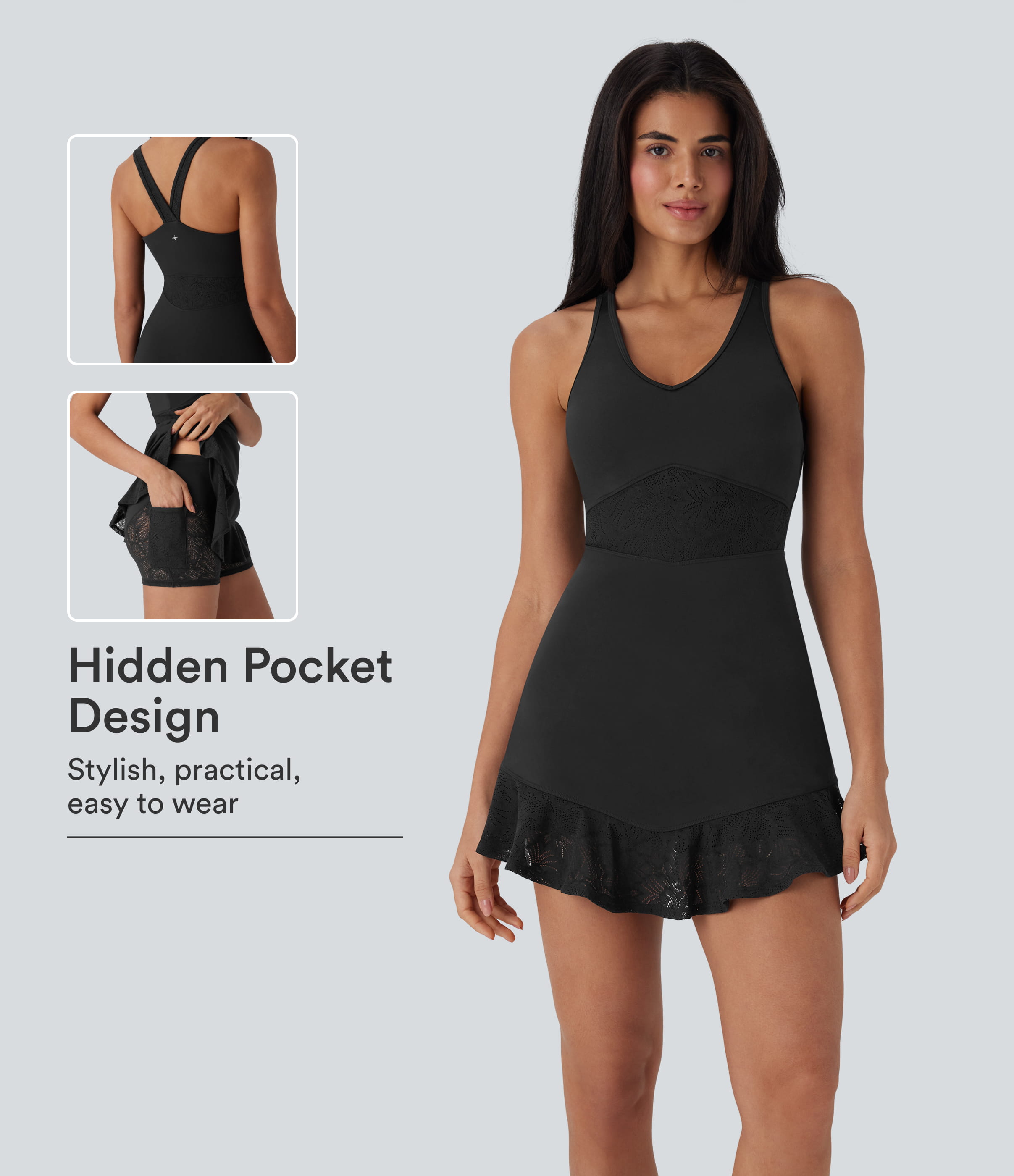 SoftlyZero™ Contrast Lace 2-Piece Mini Yoga Active Dress with Pocket