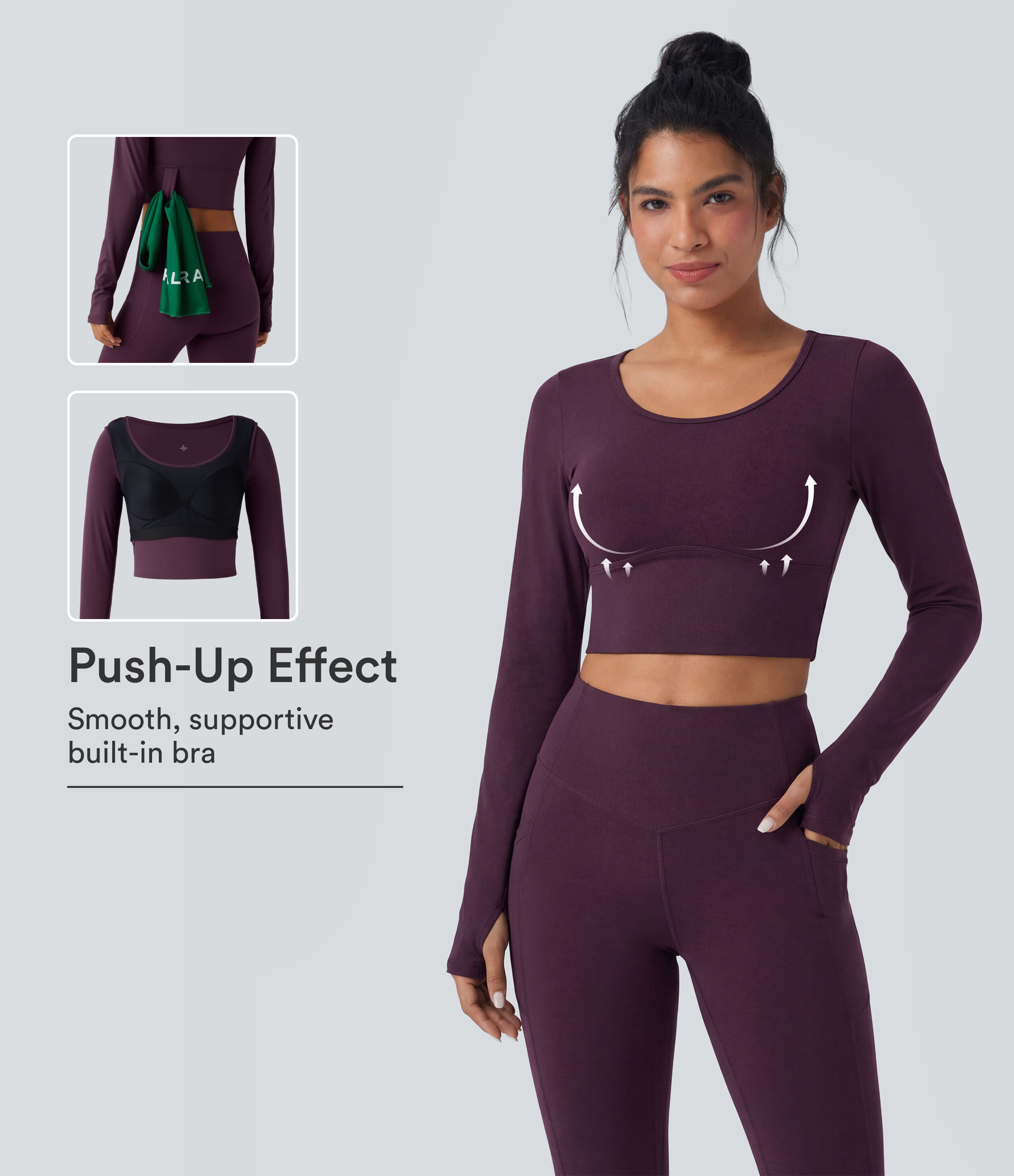 SoftlyZero™ Airy Scoop Neck Push-Up Long Sleeve Thumb Hole Cool Touch Cropped Yoga Sports Top-UPF50+