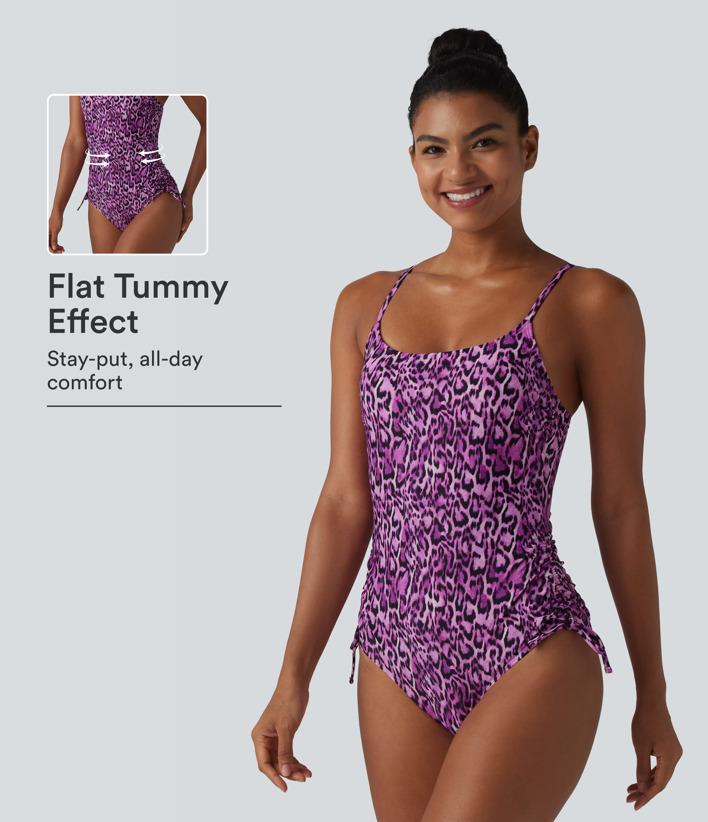 Square Neck Built-in Bra Tummy Control Drawstring Leopard Print One-Piece Swimsuit