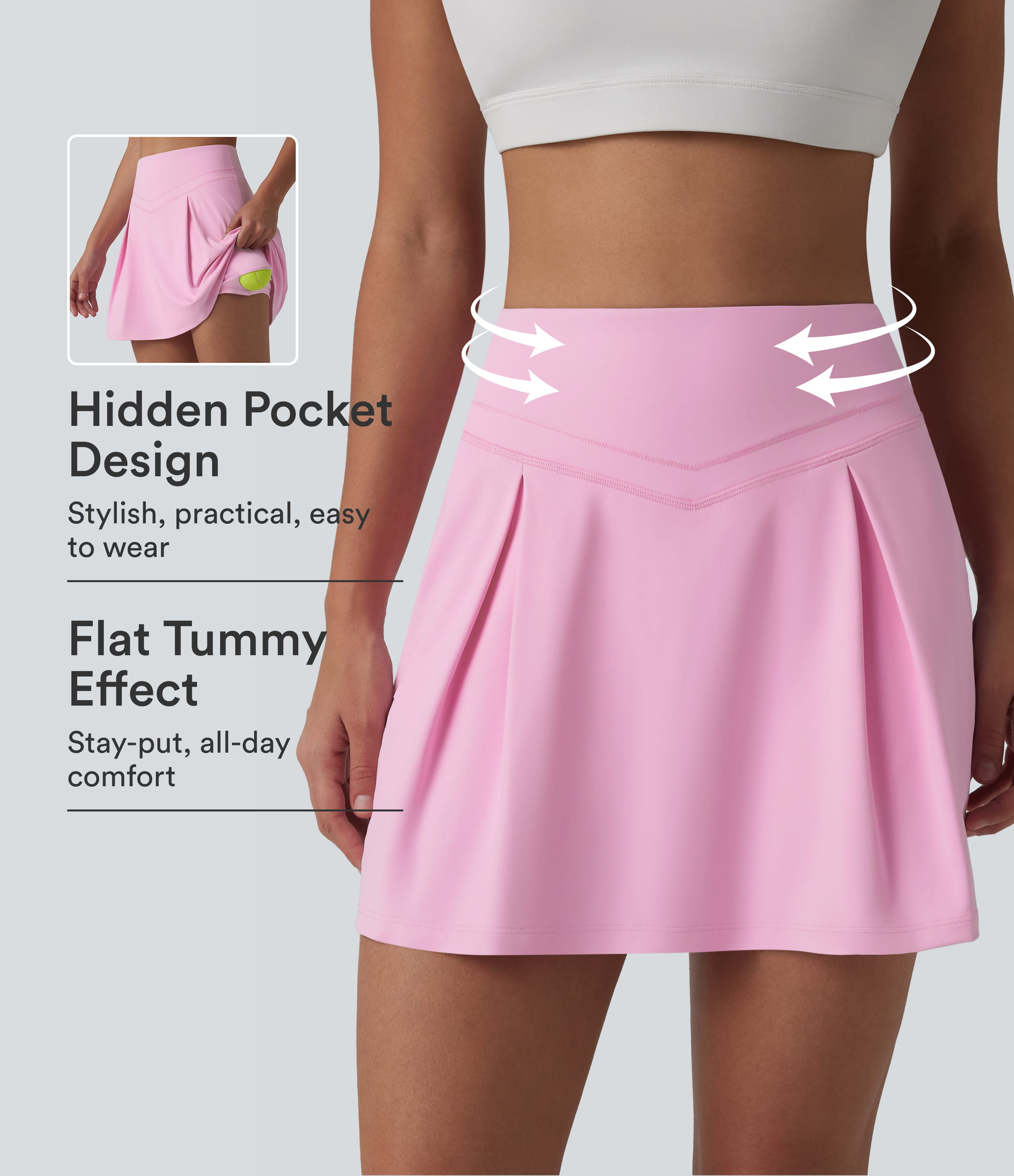 SoftlyZero™ Airy Mid Rise Tummy Control 2-in-1 Ruched Mini Workout Skirt with Pockets-UPF50+