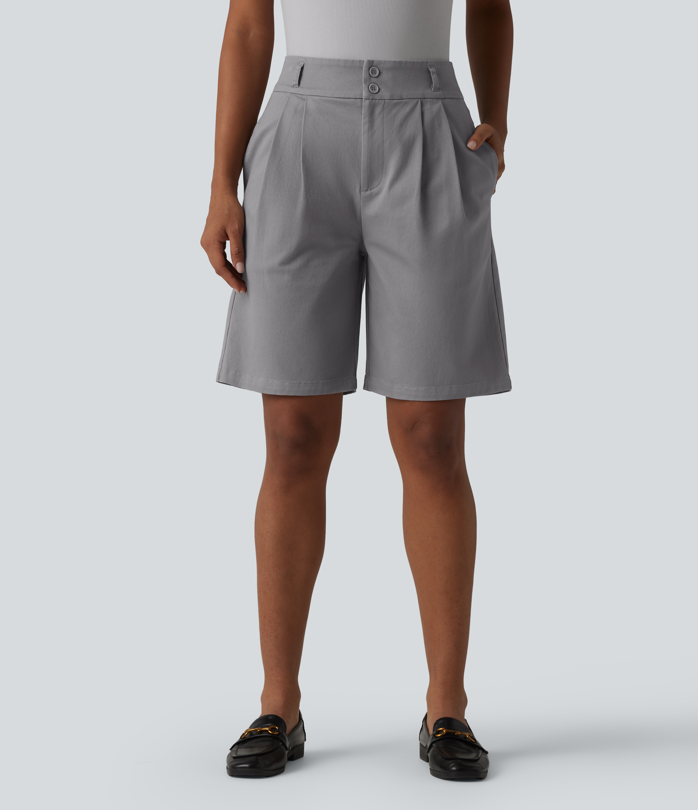 High Waisted Straight Leg Work Chino Cotton Shorts with Pockets