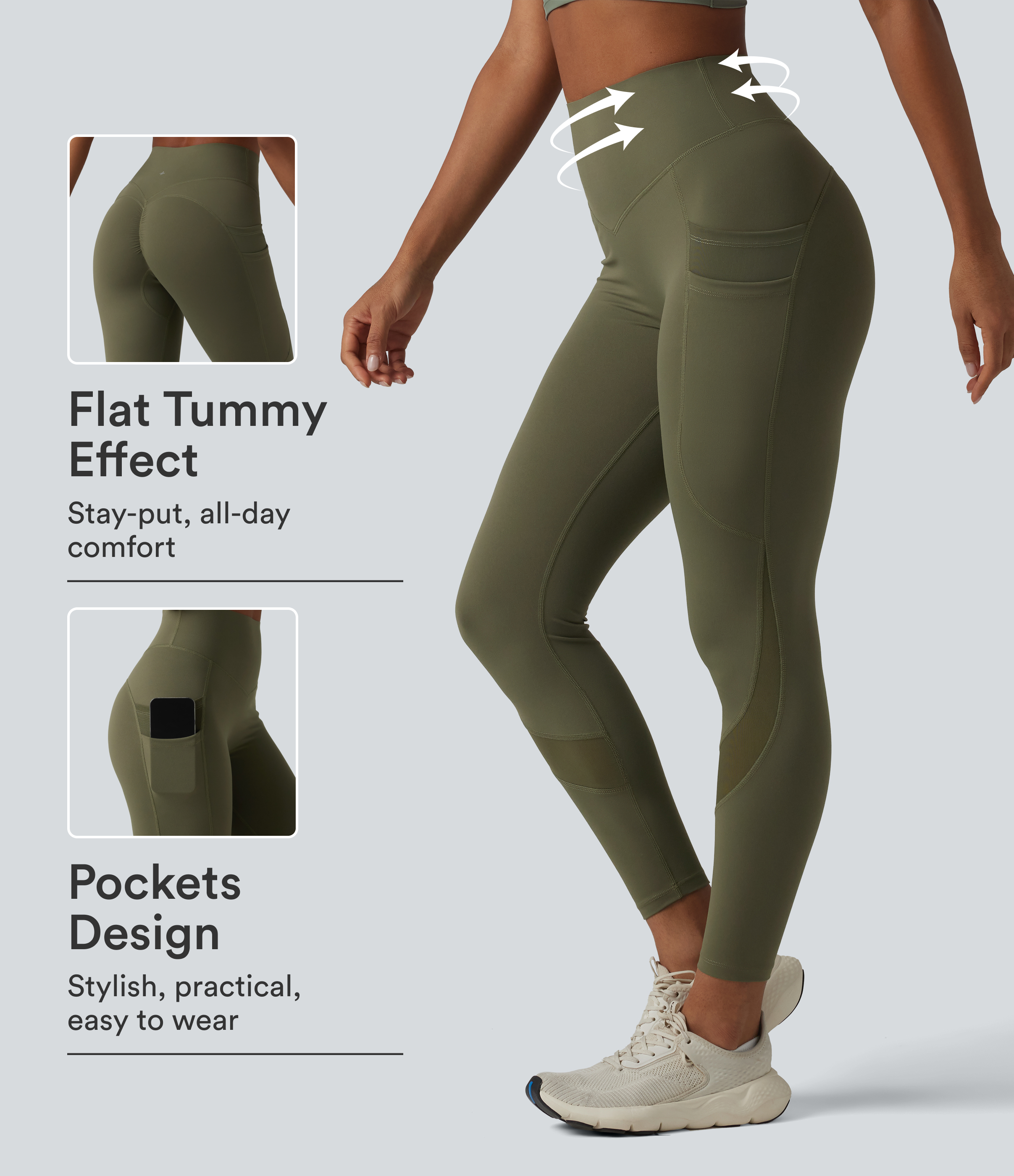 Halara UltraSculpt™ Legging taille haute 7/8 pour entraînement, maintien gainant au niveau du ventre, détail froncé, empiècements en mesh contrastés, avec poches