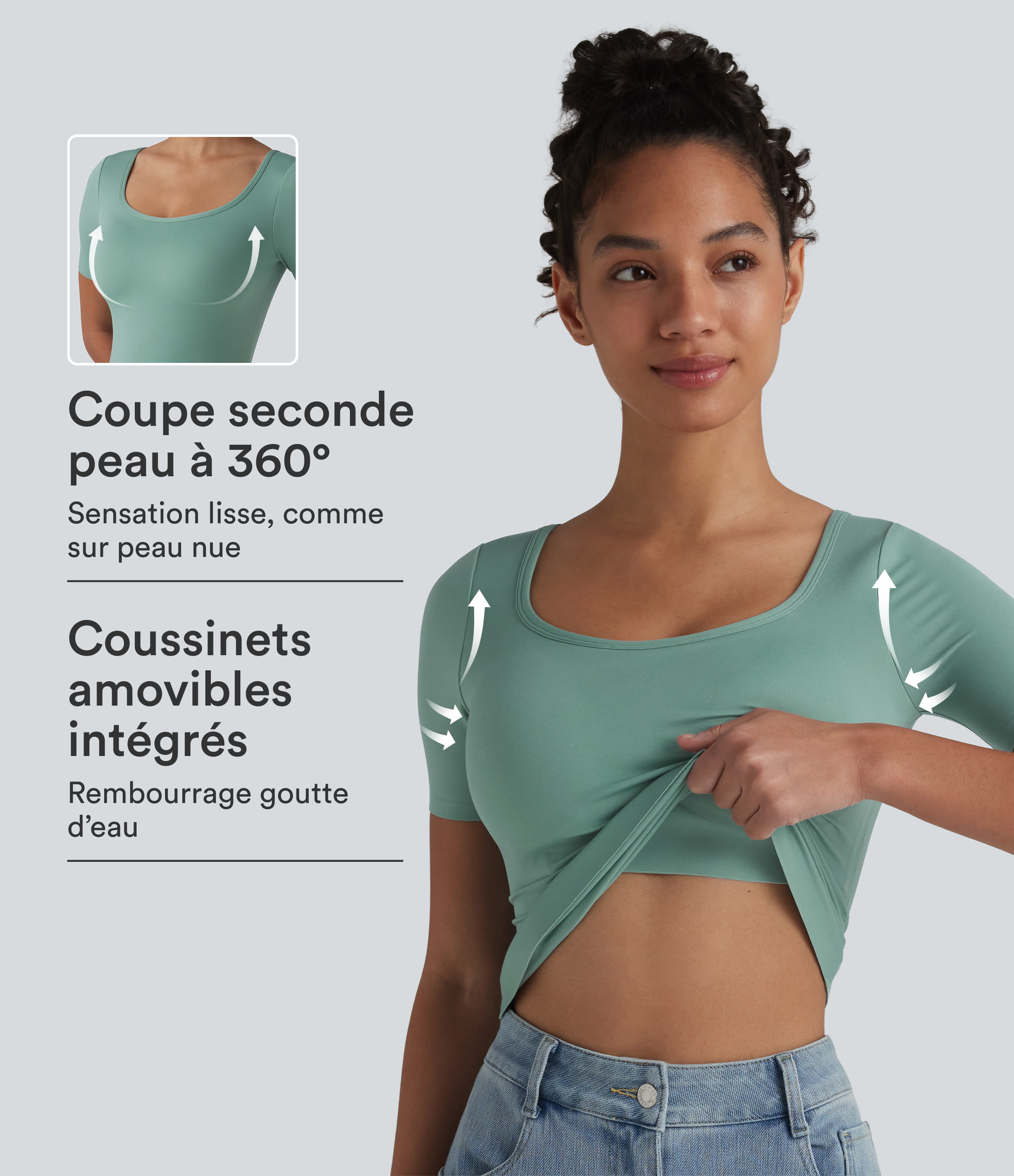 T-shirt casual col rond échancré à manches courtes avec brassière intégrée — Bonnets B-E