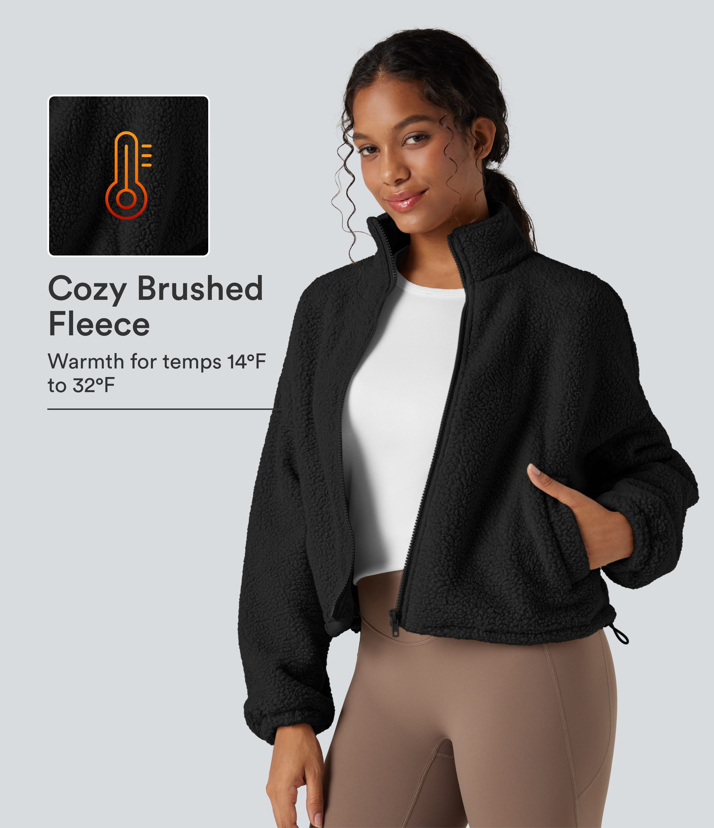 High Neck Long Sleeve Zipper Fleece Workout Jacket with Pockets