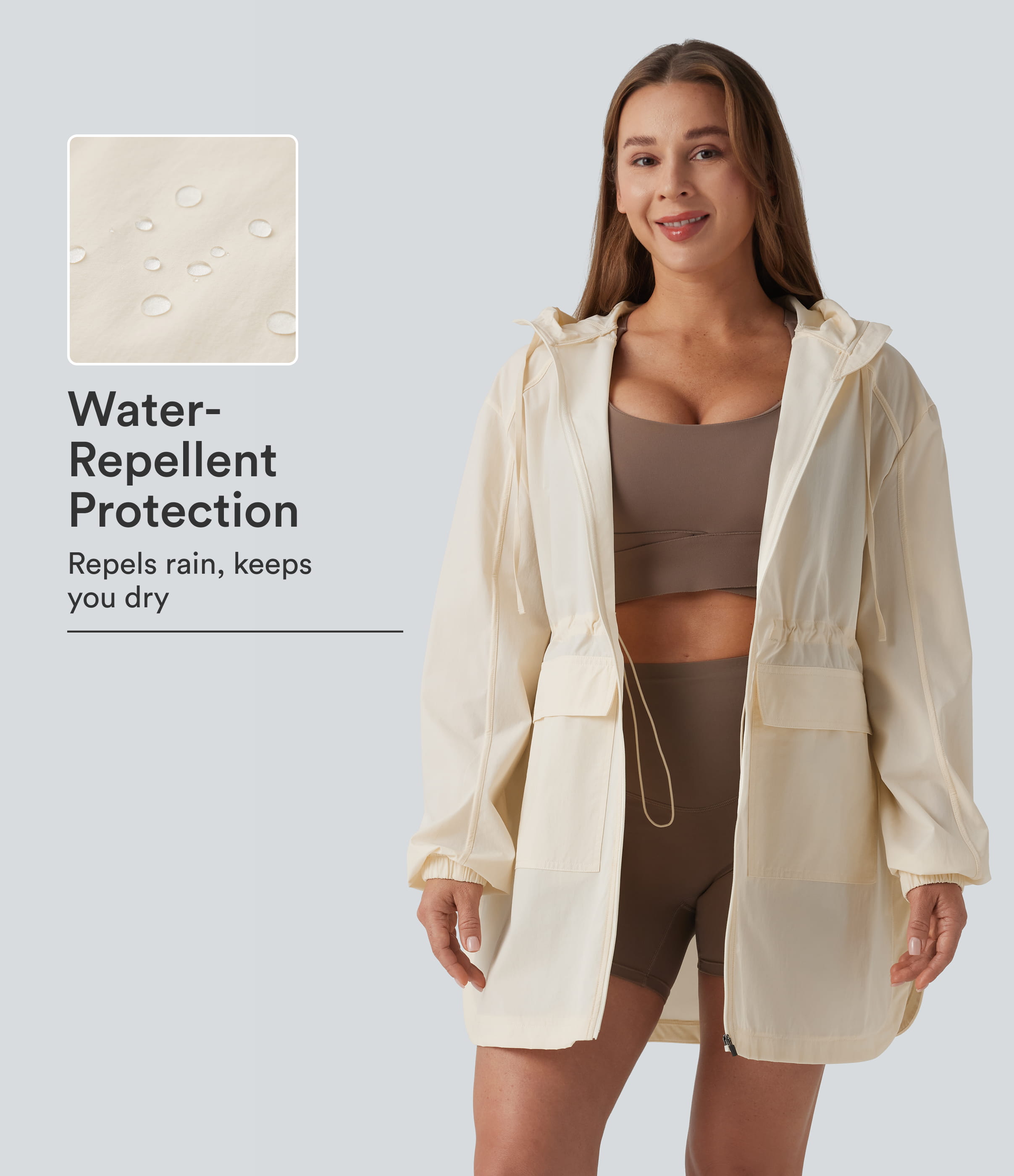 Water Repellent Wear-Resistant Hooded Drawstring Curved Hem Hiking Cargo Jacket with Pockets