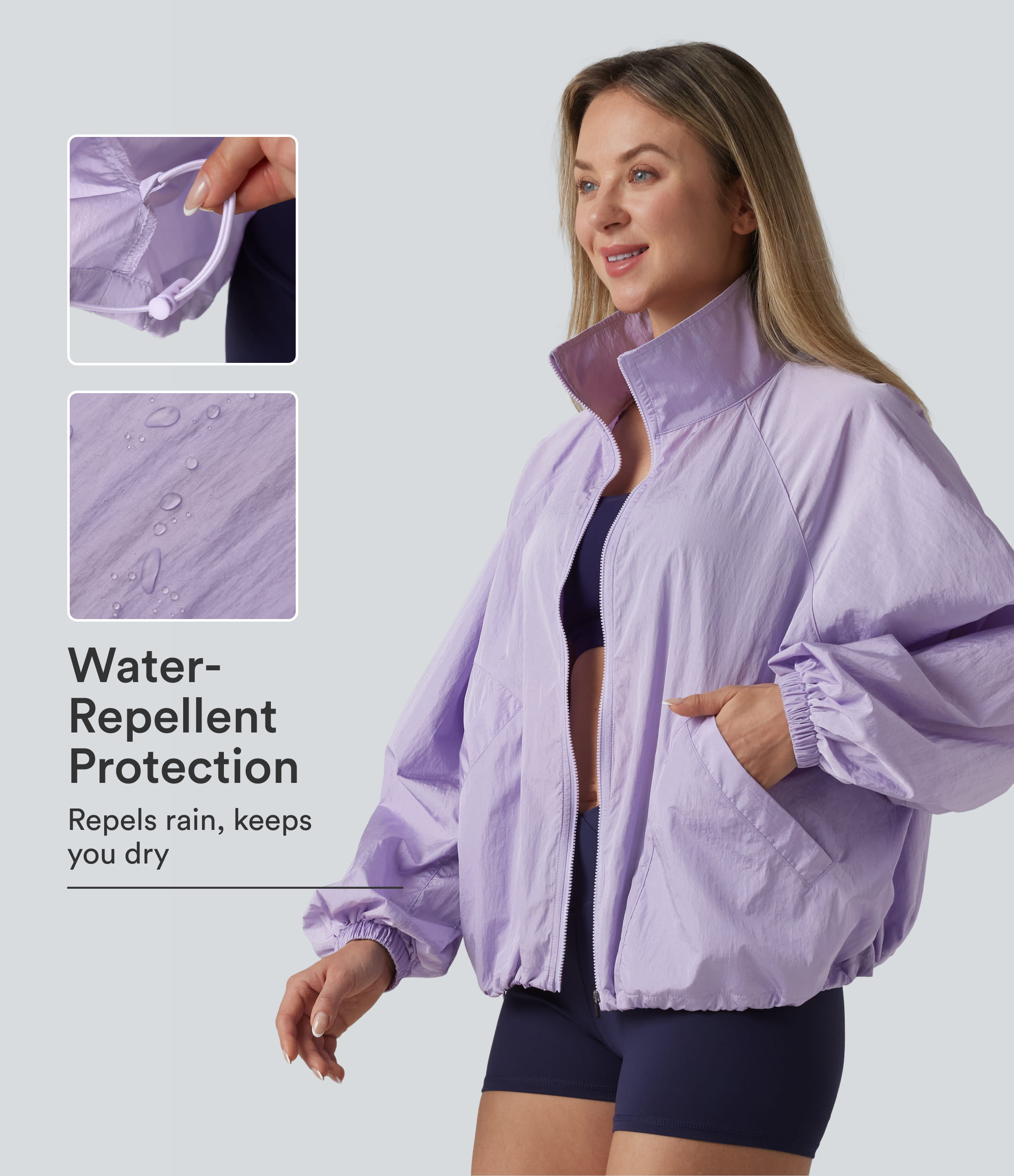 Dauerhaft wasserabweisende Trainingsjacke mit Stehkragen, langen Ärmeln, Reißverschluss und Taschen.