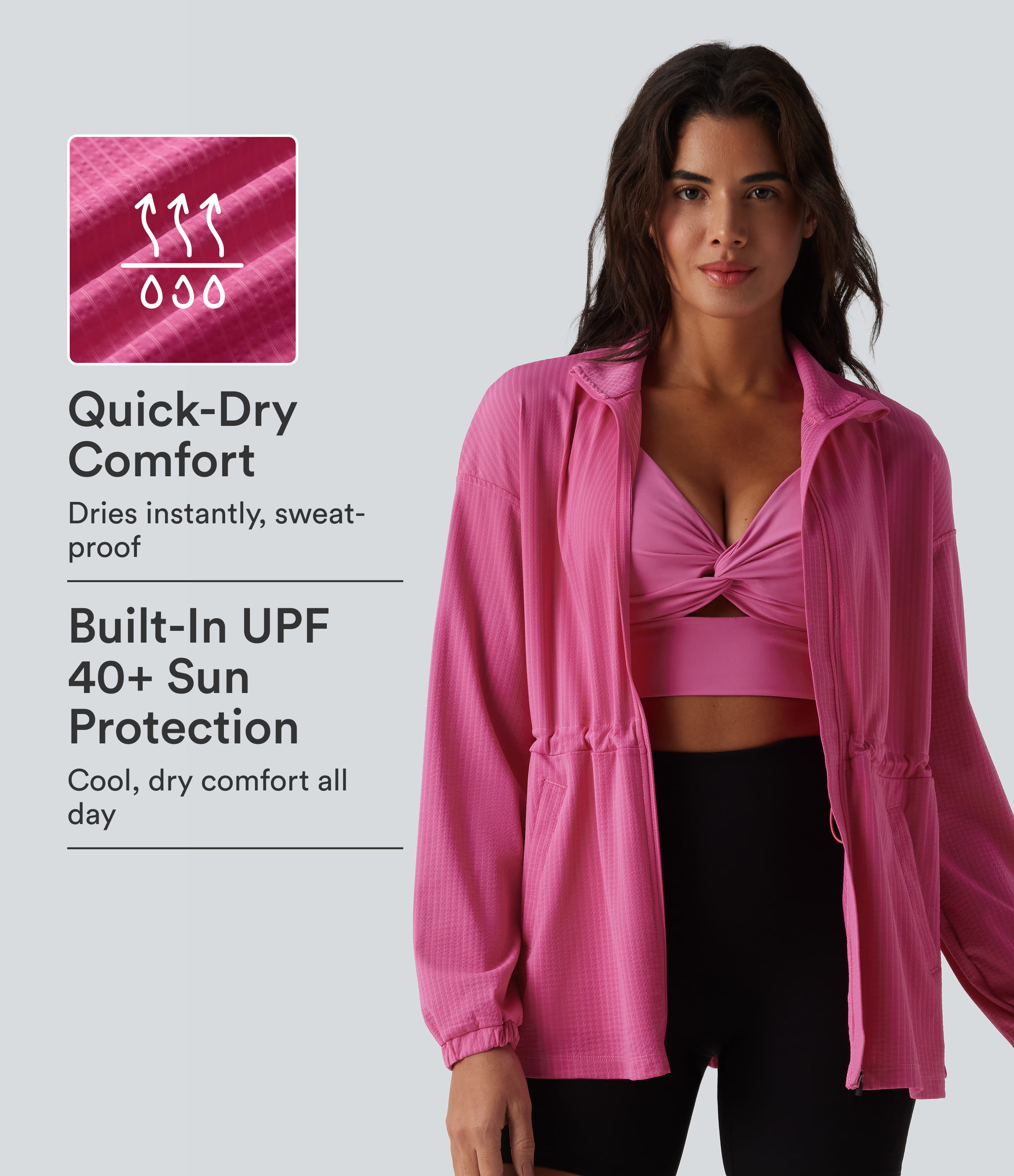 Long Sleeve Inner Drawstring Stripes Quick Dry Workout Jacket-UPF40+