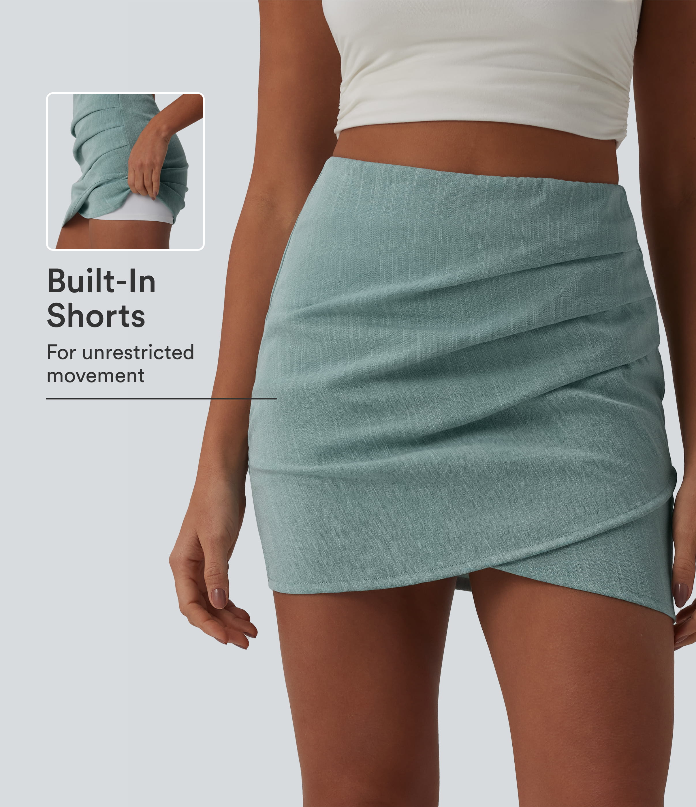 High Waisted Invisible Zipper Ruched Crossover Hem 2-in-1 Bodycon Mini Casual Linen-Feel Skirt