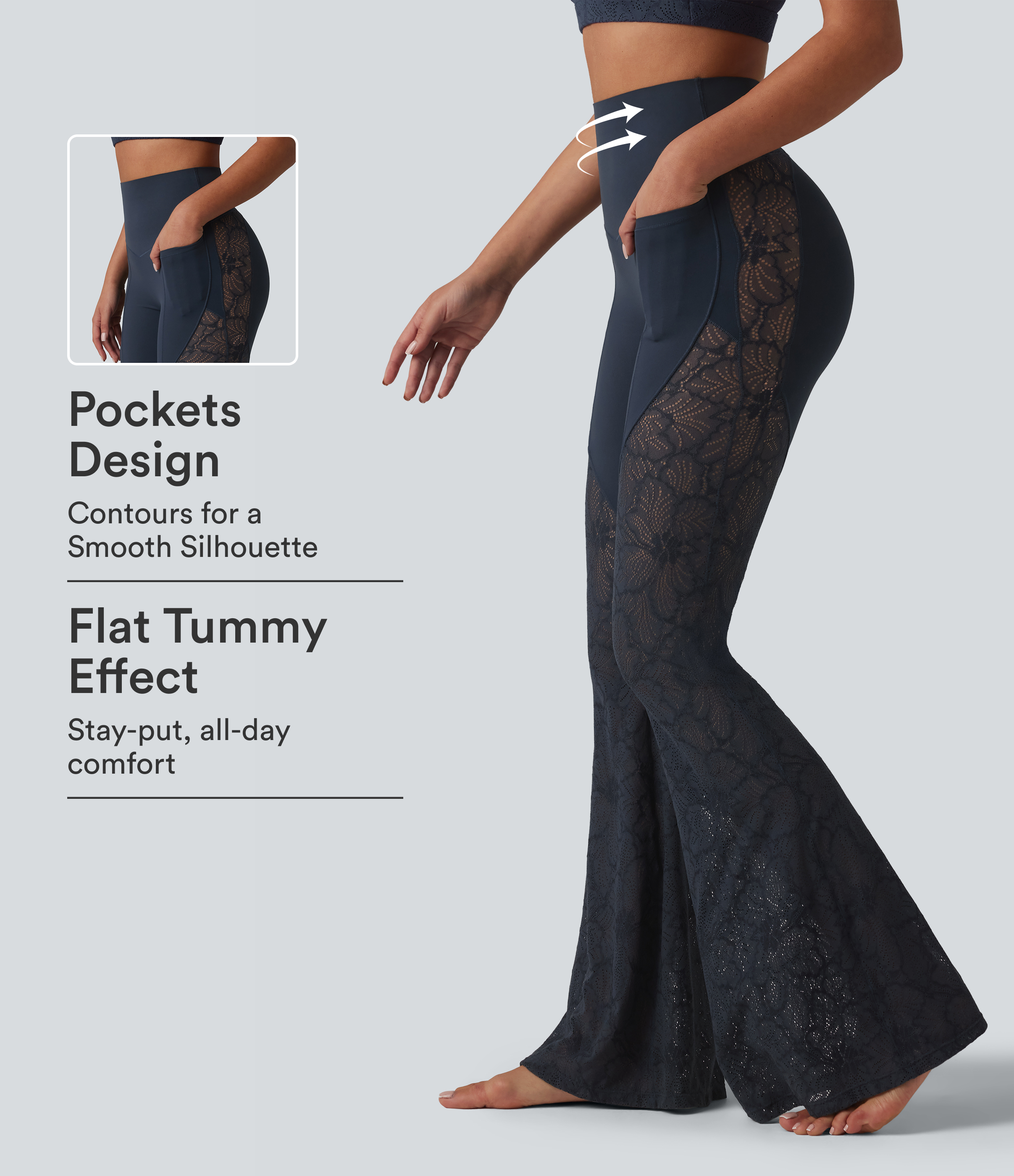Halara UltraSculpt™ legging évasé de yoga, taille haute gainante, dentelle contrastée, avec poches