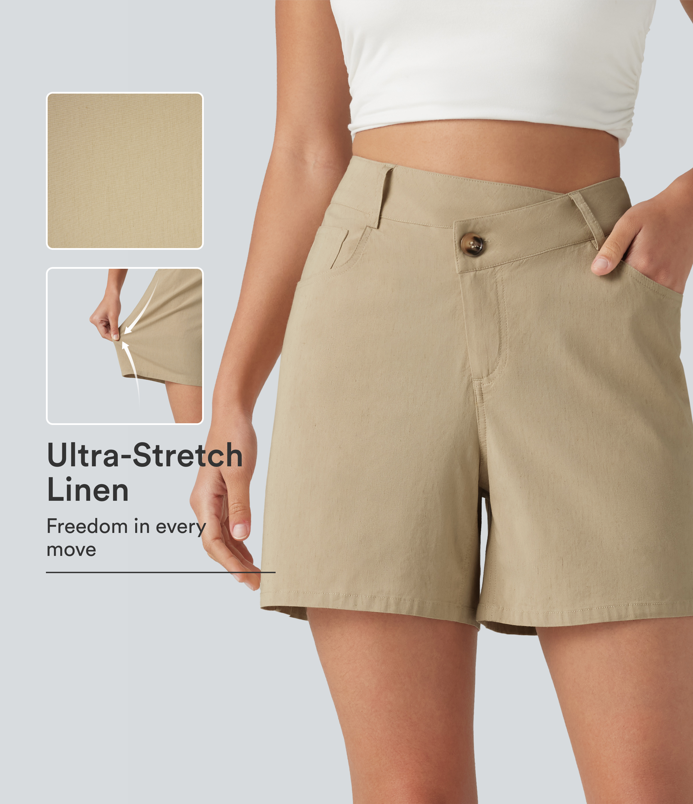 High Waisted Crossover Casual Stretch Linen Shorts 5'' with Pockets