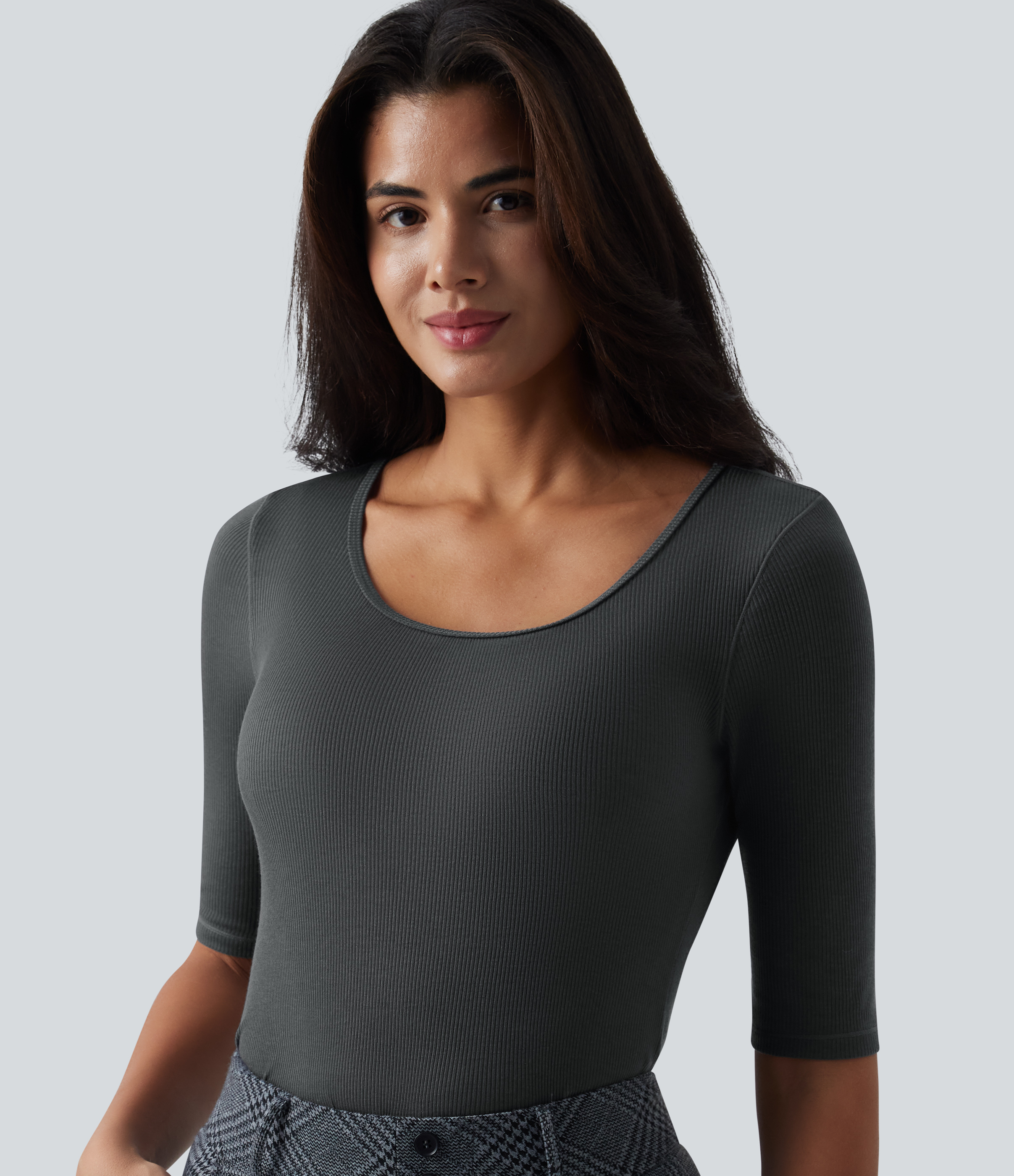 Ribbed Knit Scoop Neck Half Sleeve Work Wool-Blend Top